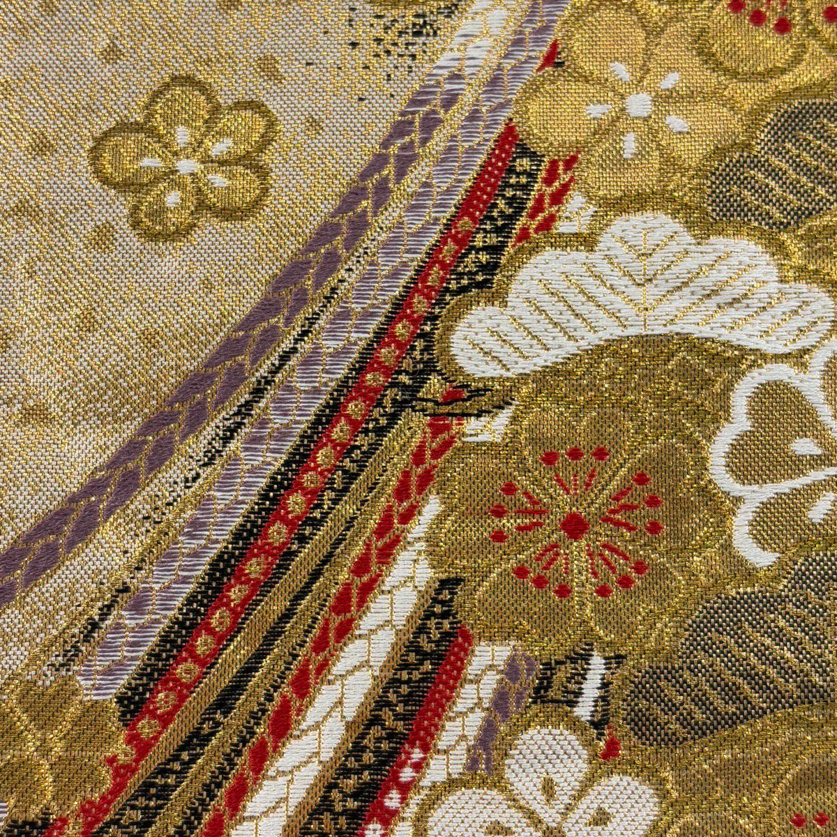 【美品】 袋帶 秀品級 組織花 金色 六通 純蠶絲