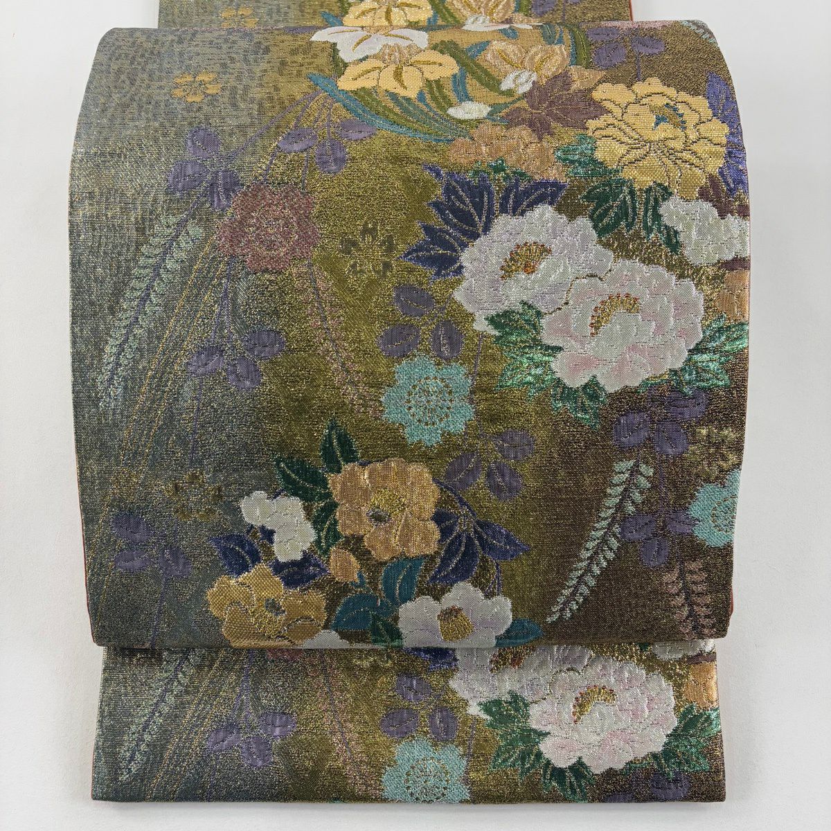 【美品】 袋帶 秀品級 花丸紋 草花紋紋 金金箔 金  六通 純蠶絲