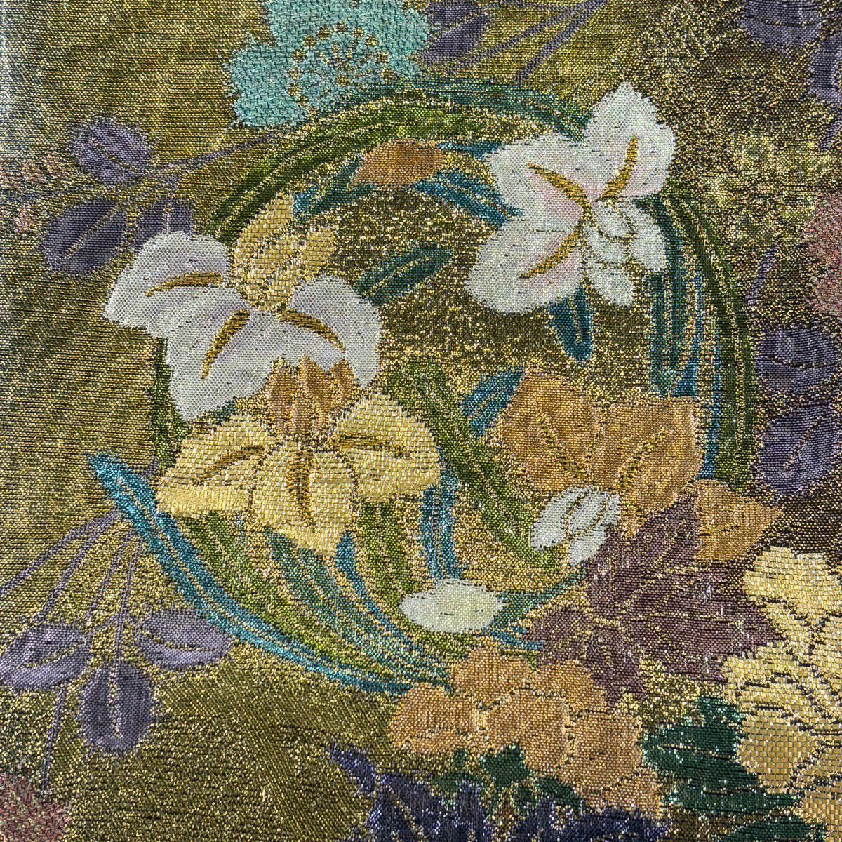 【美品】 袋帶 秀品級 花丸紋 草花紋紋 金金箔 金  六通 純蠶絲