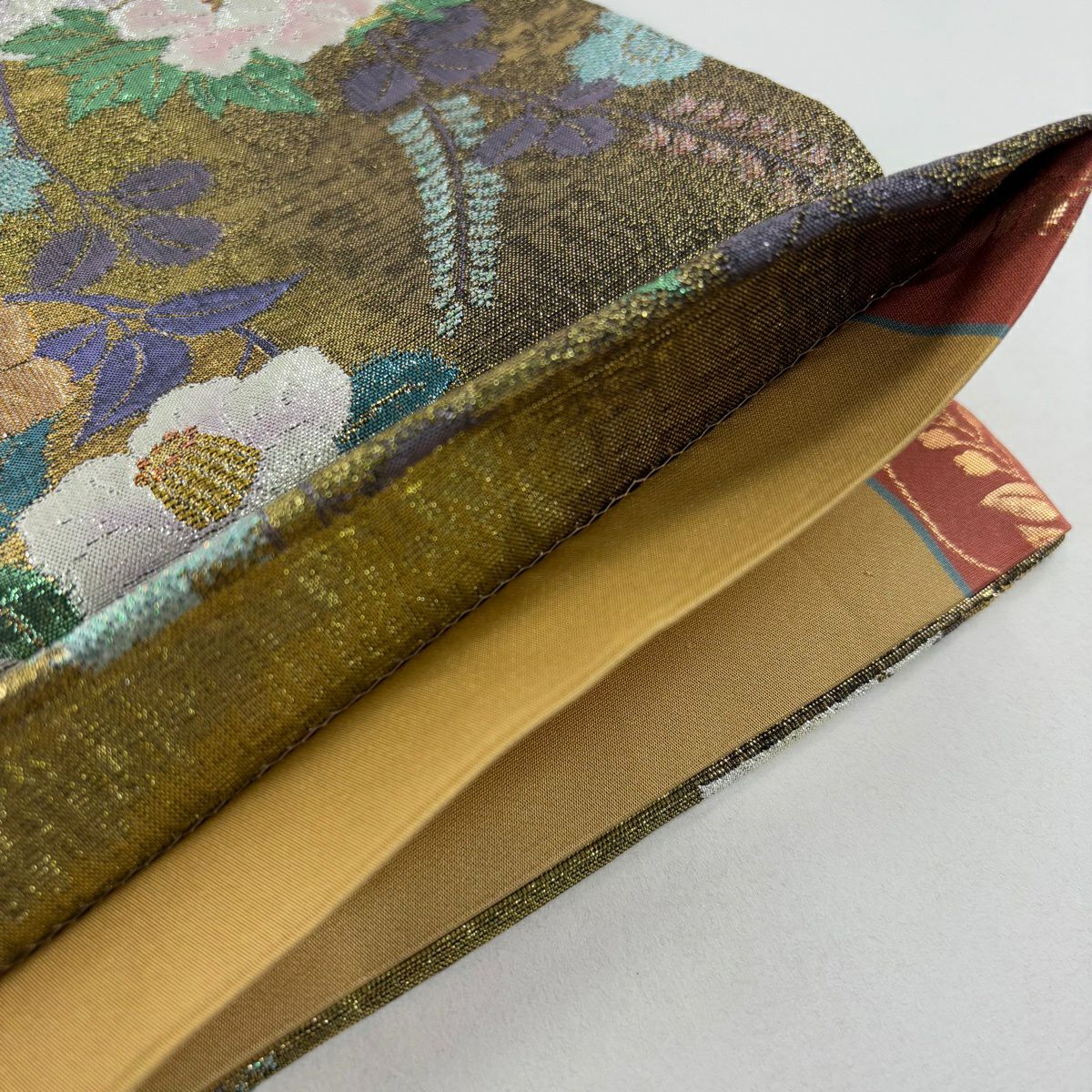 【美品】 袋帶 秀品級 花丸紋 草花紋紋 金金箔 金  六通 純蠶絲