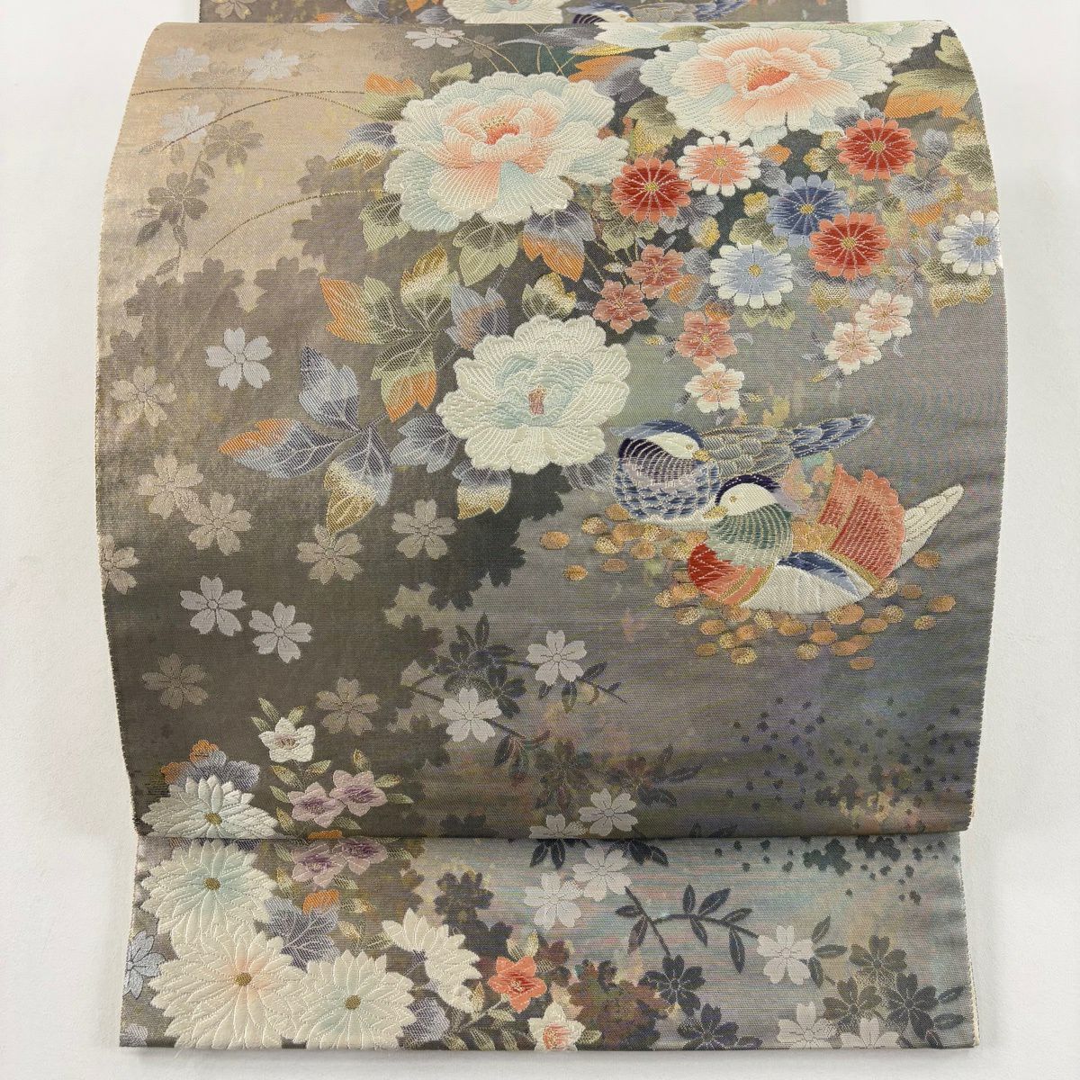 【美品】 袋帶 秀品級 鴛鴦百撰 金糸 金金箔 灰 深藍 六通 純蠶絲
