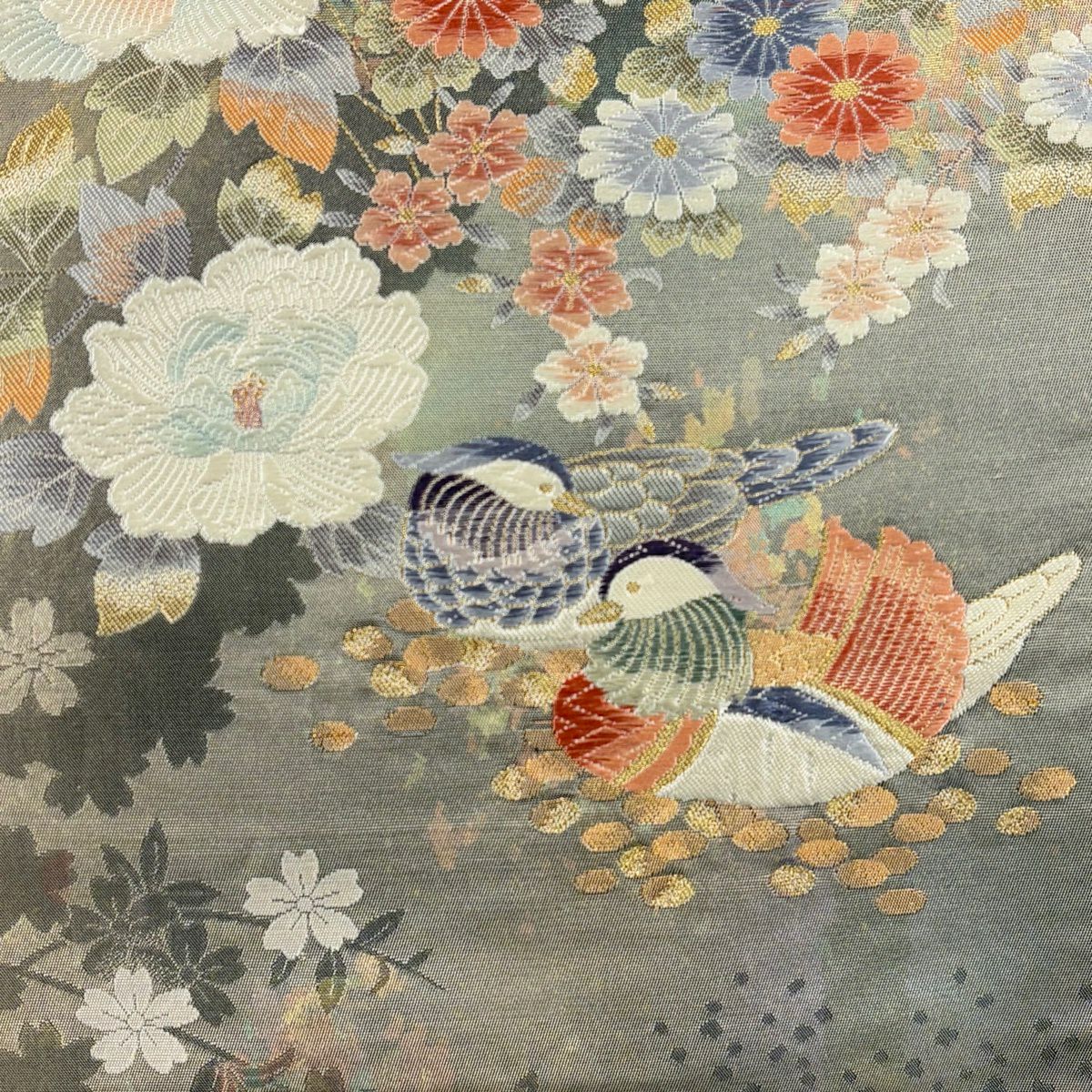 【美品】 袋帶 秀品級 鴛鴦百撰 金糸 金金箔 灰 深藍 六通 純蠶絲
