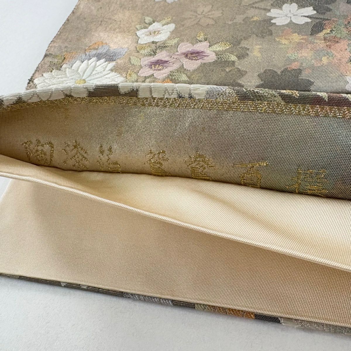 【美品】 袋帶 秀品級 鴛鴦百撰 金糸 金金箔 灰 深藍 六通 純蠶絲