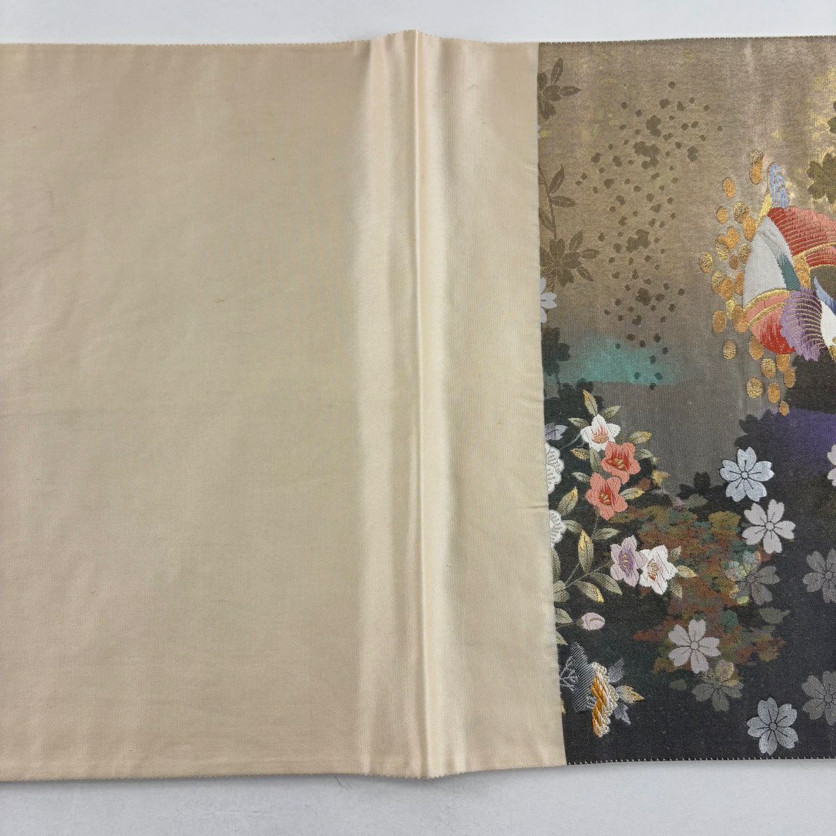 【美品】 袋帶 秀品級 鴛鴦百撰 金糸 金金箔 灰 深藍 六通 純蠶絲