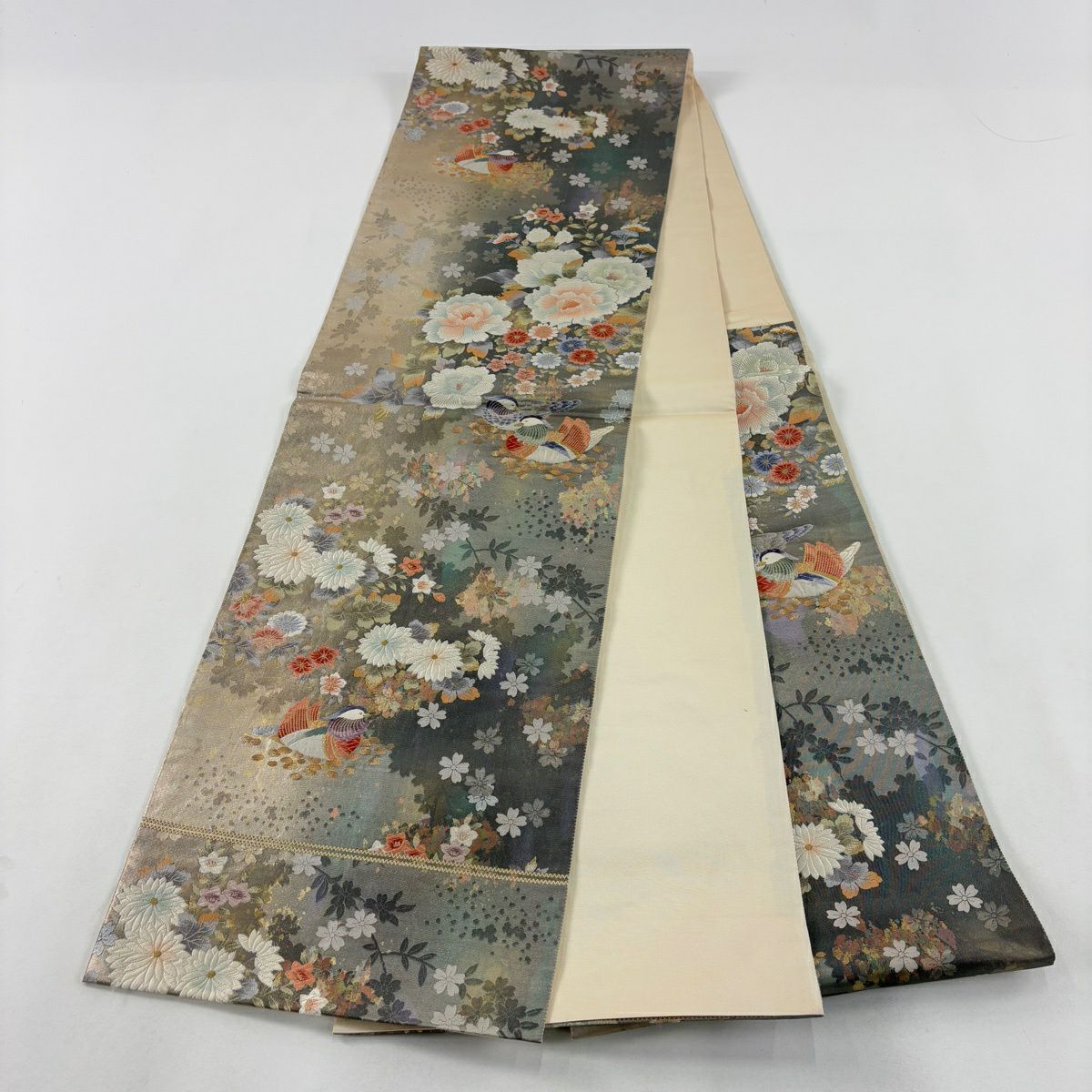 【美品】 袋帶 秀品級 鴛鴦百撰 金糸 金金箔 灰 深藍 六通 純蠶絲