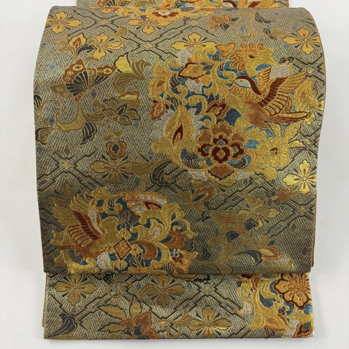 【美品】 袋帶 秀品級 彫漆 唐華更紗圓紋 金銀線 金金箔 青綠 六通 純蠶絲