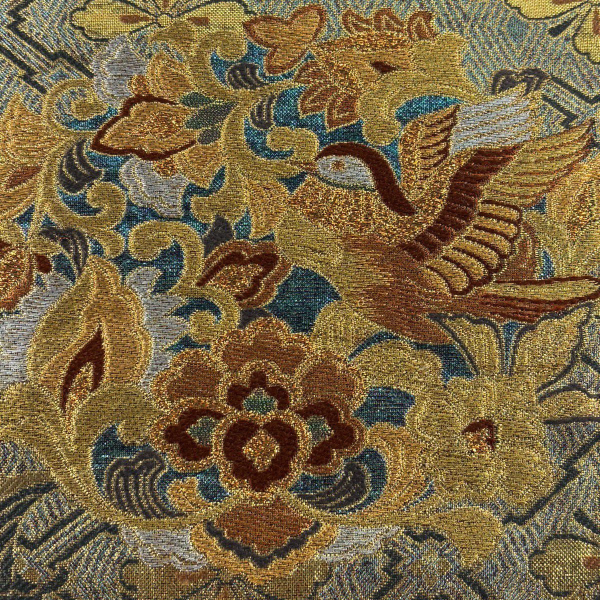 【美品】 袋帶 秀品級 彫漆 唐華更紗圓紋 金銀線 金金箔 青綠 六通 純蠶絲