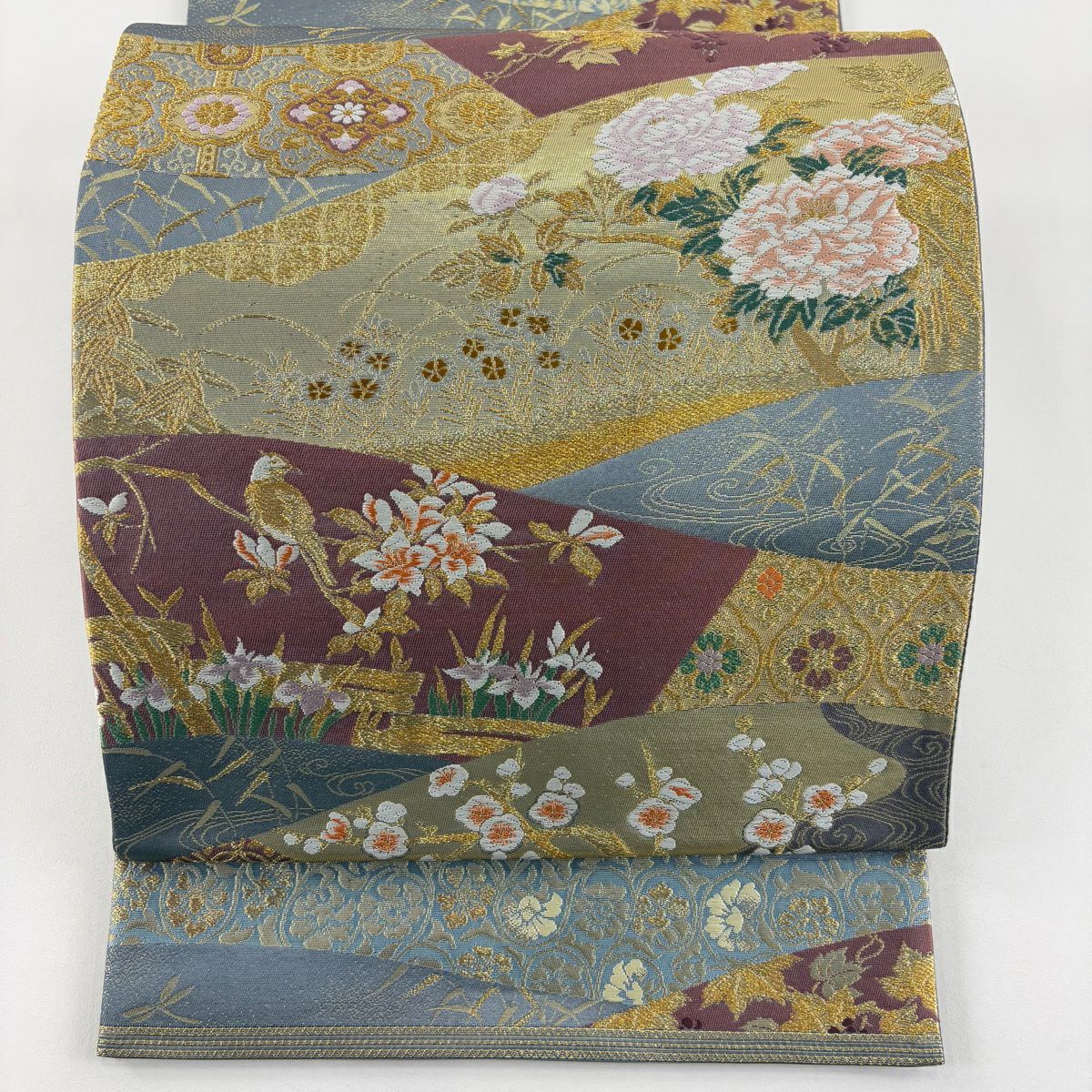 【美品】 袋帶 秀品級 關西仕立 雜紙花鳥紋 金糸 金金箔 青灰 六通 純蠶絲