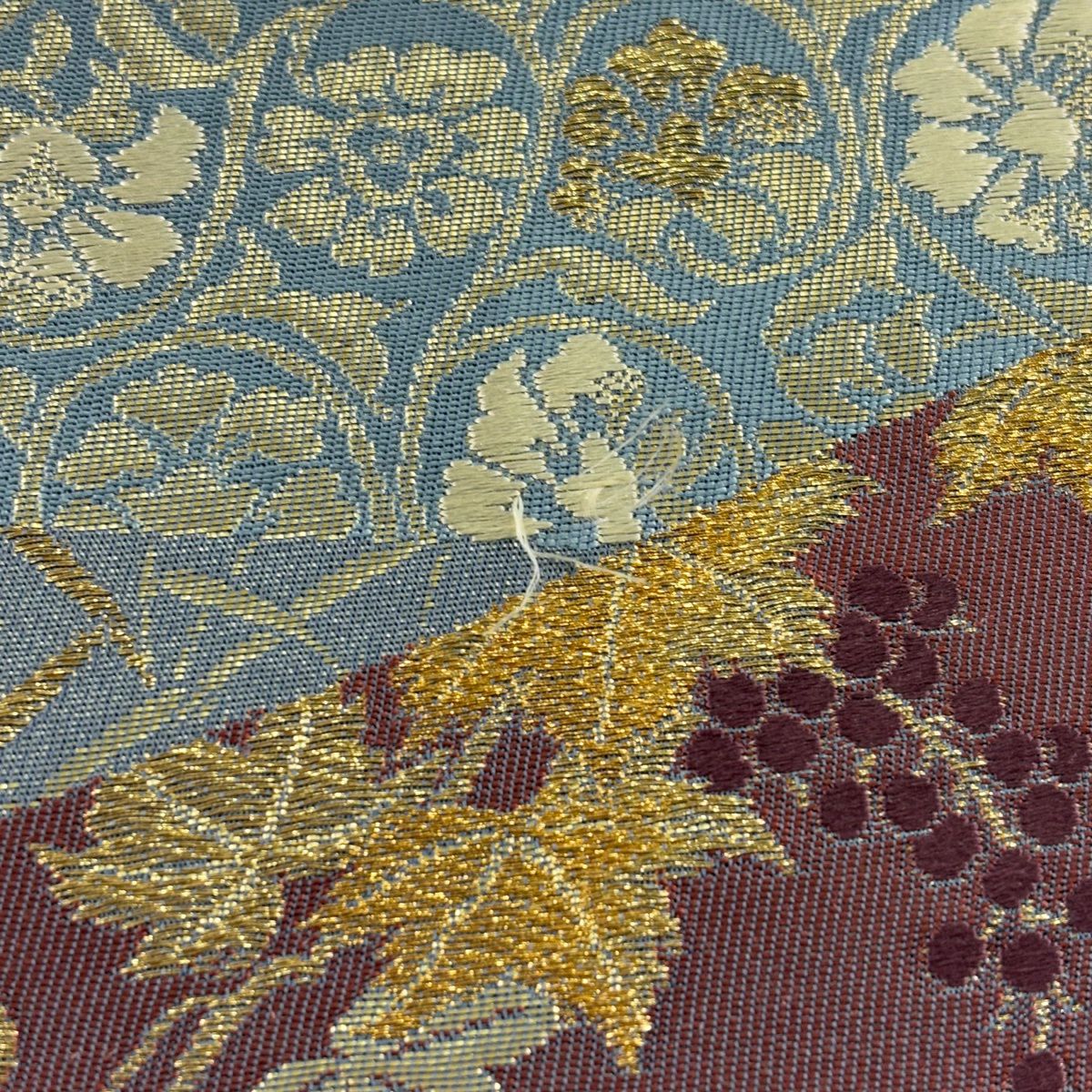 【美品】 袋帶 秀品級 關西仕立 雜紙花鳥紋 金糸 金金箔 青灰 六通 純蠶絲