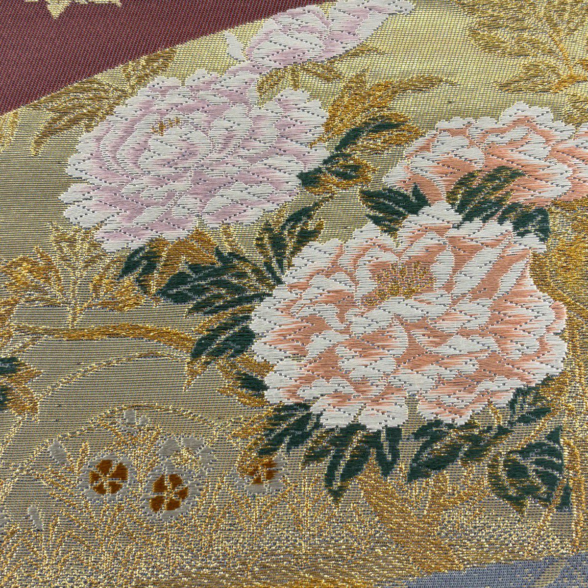 【美品】 袋帶 秀品級 關西仕立 雜紙花鳥紋 金糸 金金箔 青灰 六通 純蠶絲