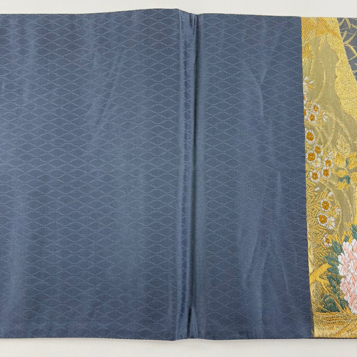 【美品】 袋帶 秀品級 關西仕立 雜紙花鳥紋 金糸 金金箔 青灰 六通 純蠶絲