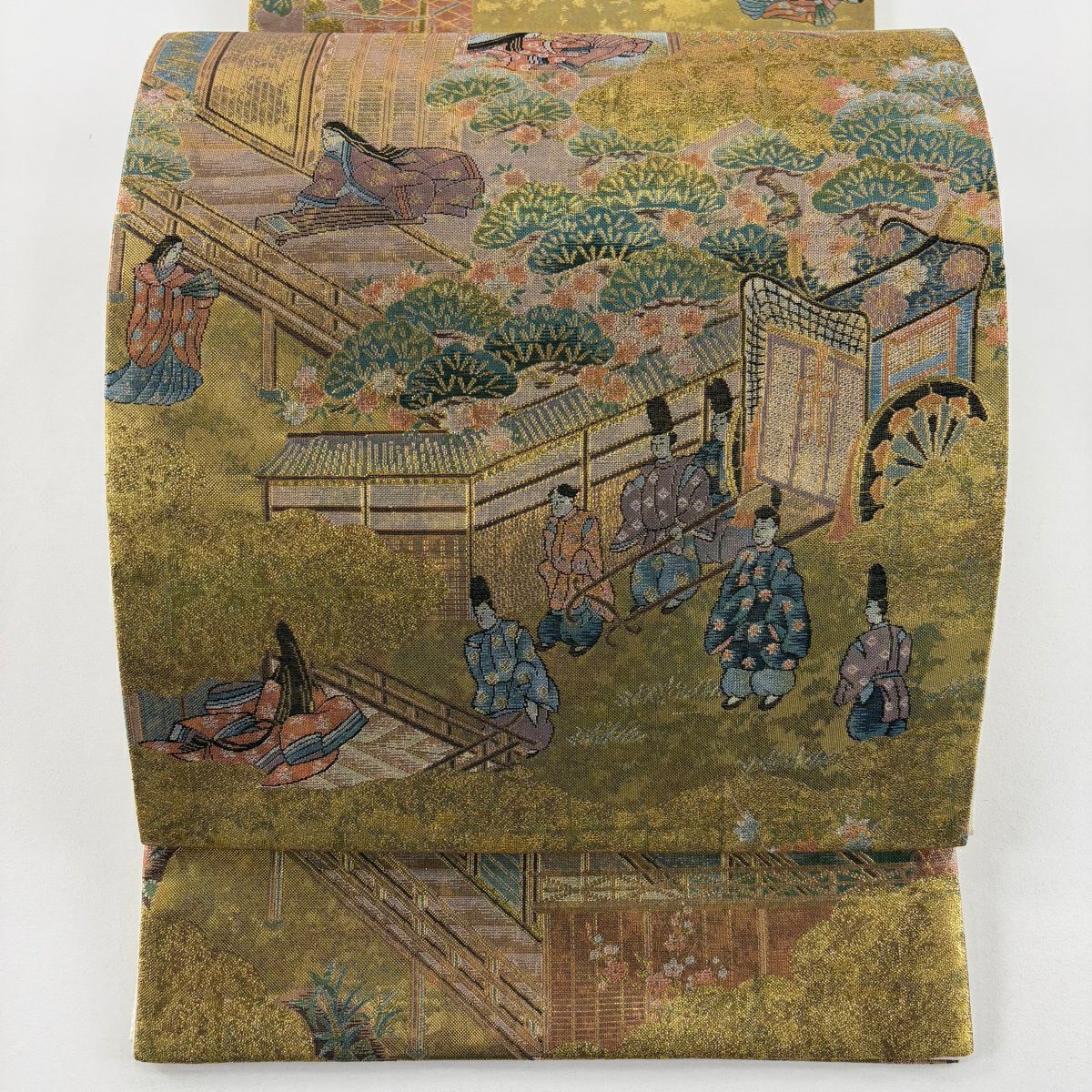 【美品】 袋帶 秀品級 御所風景 人物 金金箔 金色 大鼓圖案 純蠶絲