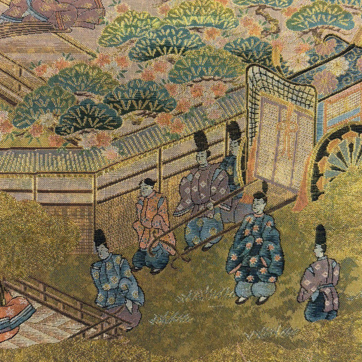 【美品】 袋帶 秀品級 御所風景 人物 金金箔 金色 大鼓圖案 純蠶絲