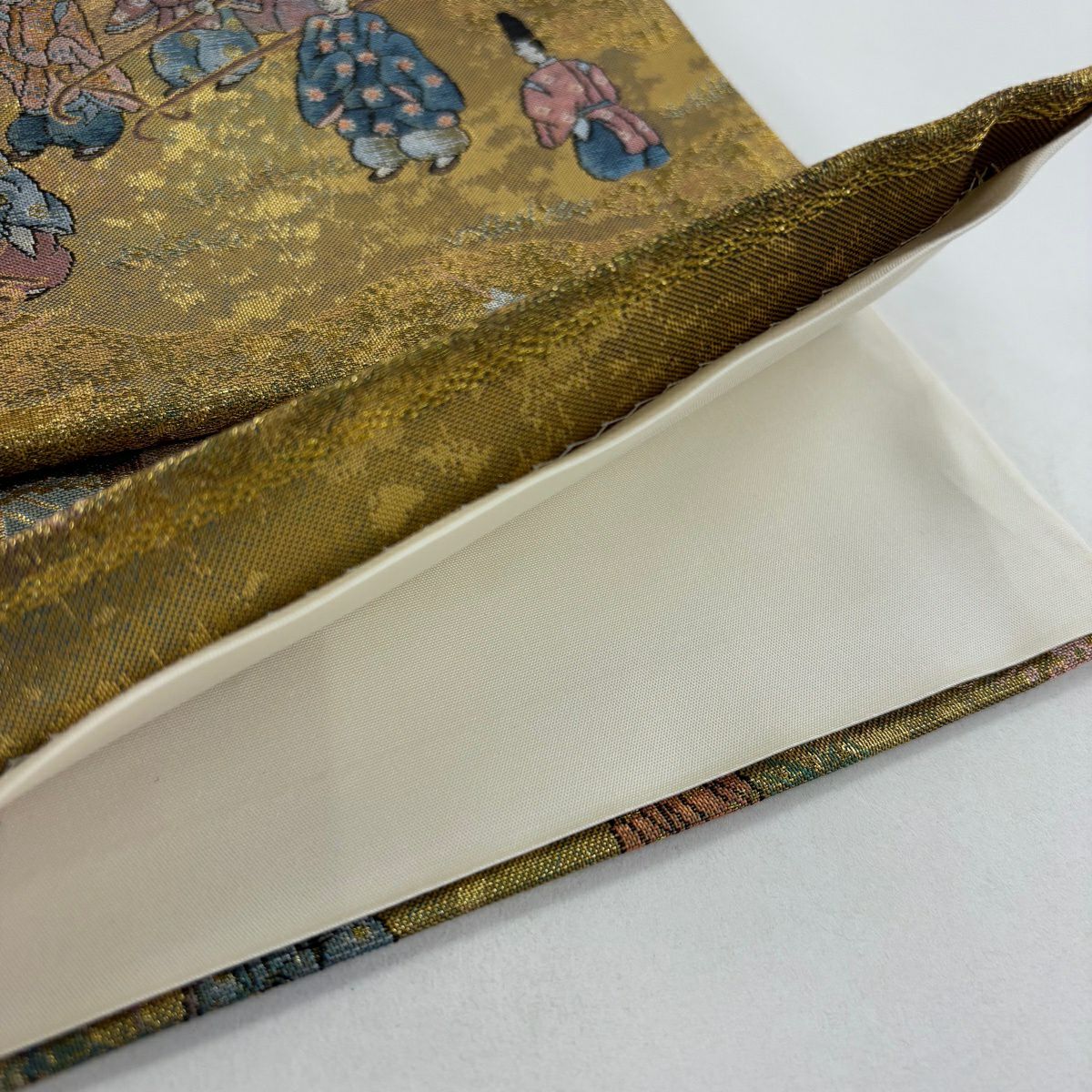 【美品】 袋帶 秀品級 御所風景 人物 金金箔 金色 大鼓圖案 純蠶絲