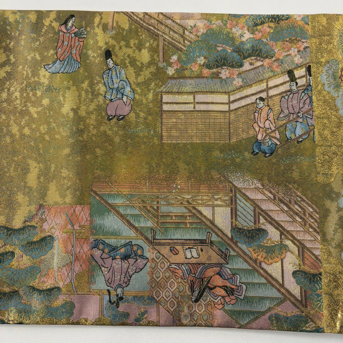 【美品】 袋帶 秀品級 御所風景 人物 金金箔 金色 大鼓圖案 純蠶絲