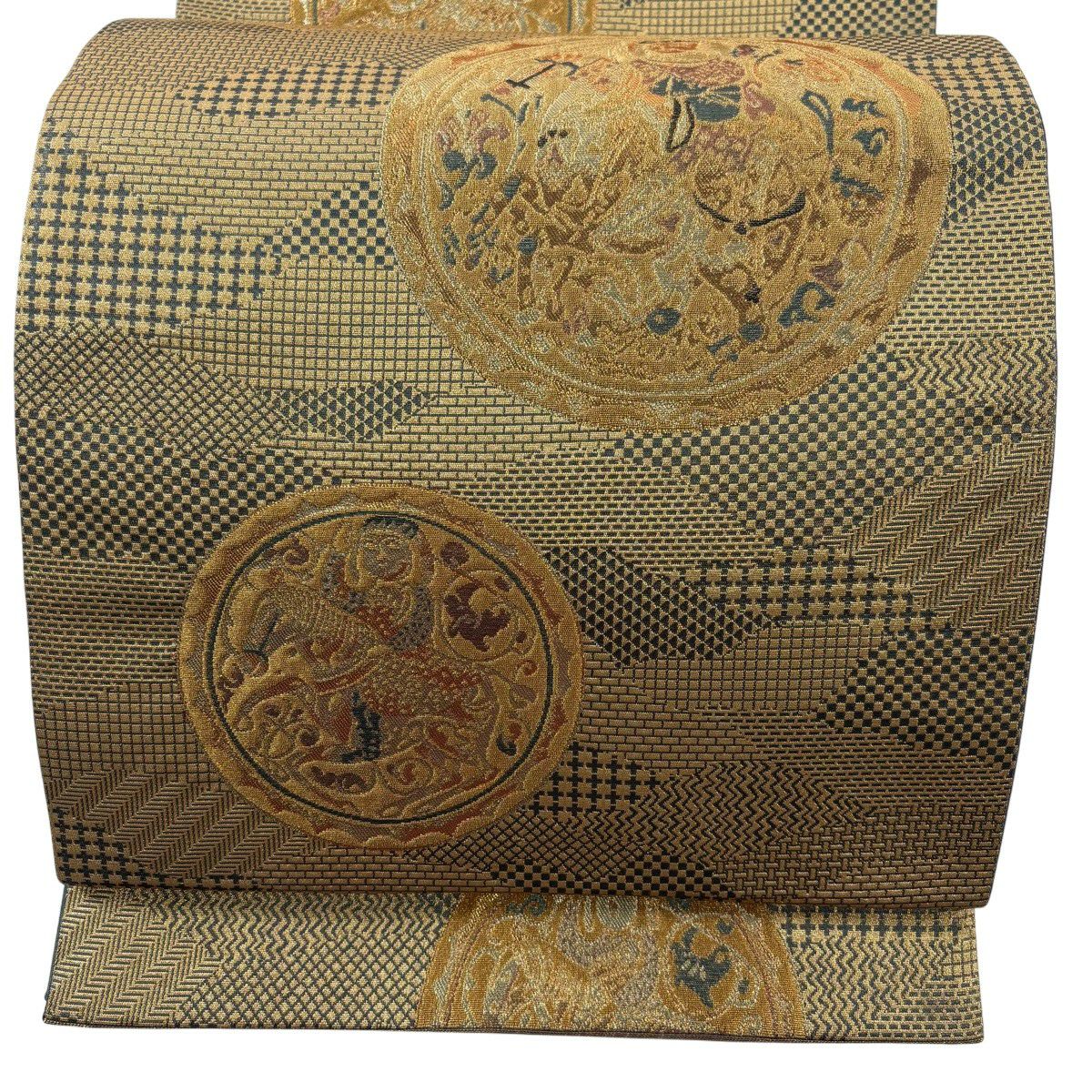 【美品】 袋帶 秀品級 狩獵文 幾何圖案 金絲 金金箔 淺黃土色 六通 純蠶絲