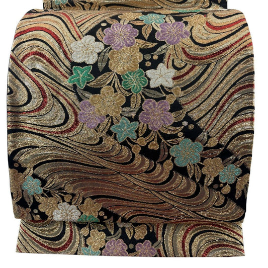 【美品】 袋帶 優品級 振袖禮服禮服用 櫻花 流水 金絲 金金箔 黑色 六通 純蠶絲