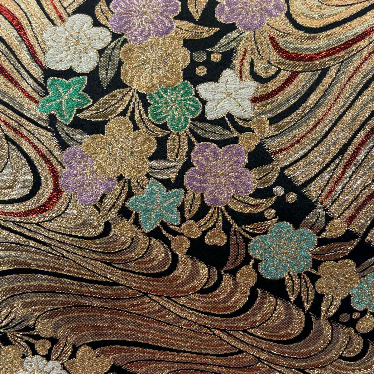 【美品】 袋帶 優品級 振袖禮服禮服用 櫻花 流水 金絲 金金箔 黑色 六通 純蠶絲