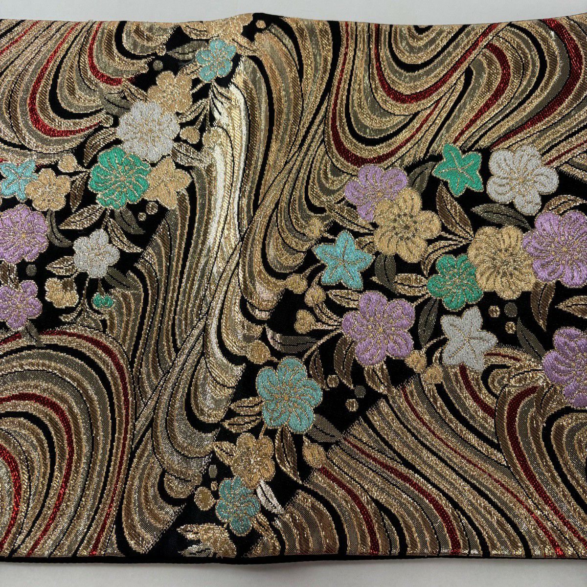 【美品】 袋帶 優品級 振袖禮服禮服用 櫻花 流水 金絲 金金箔 黑色 六通 純蠶絲
