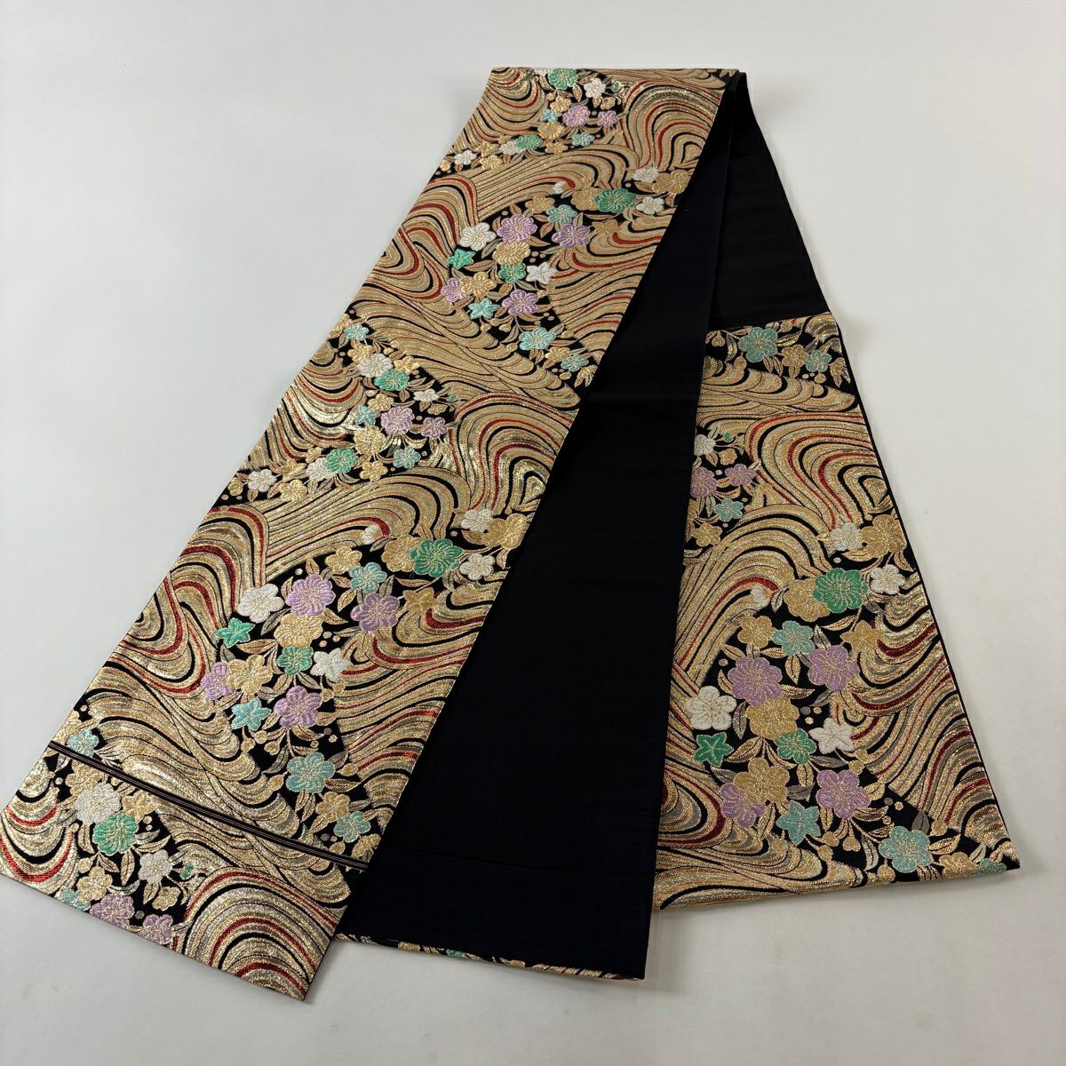 【美品】 袋帶 優品級 振袖禮服禮服用 櫻花 流水 金絲 金金箔 黑色 六通 純蠶絲