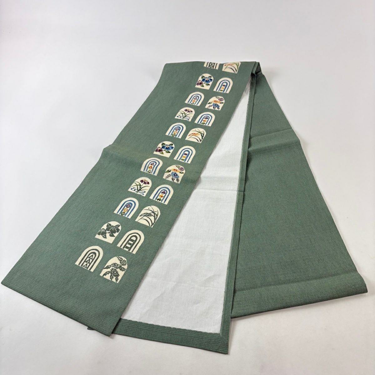 開口名古屋帶 優品級 夏帶 絽 草花紋 幾何圖案 淺綠 純蠶絲