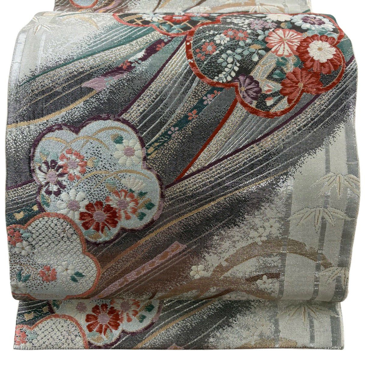 袋帶 秀品級 梅花 草花紋 金銀絲 金金箔 銀 六通 純蠶絲