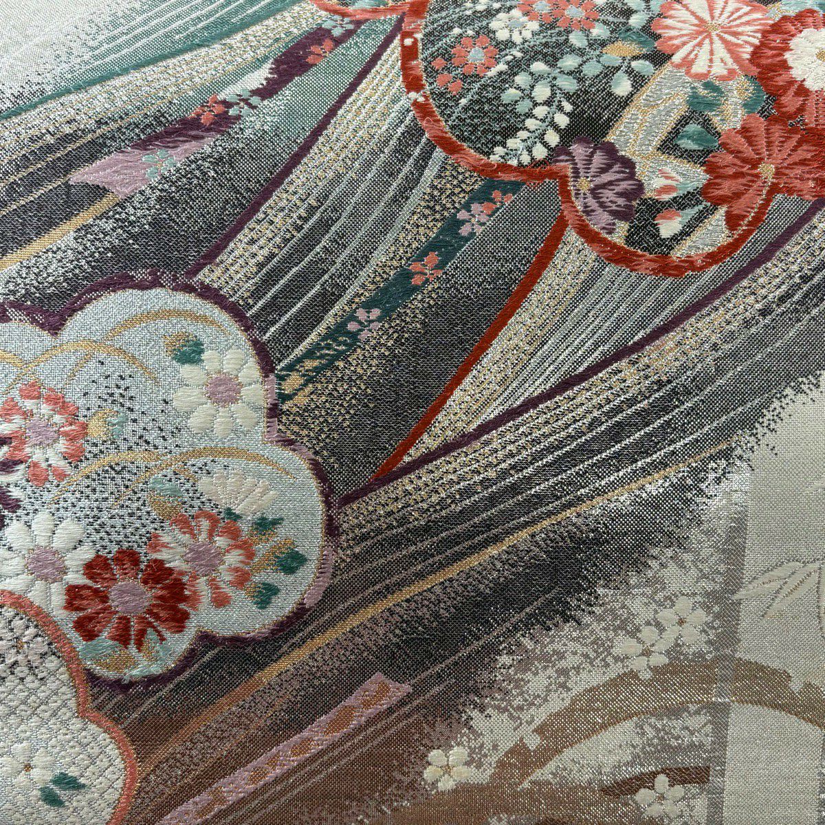 袋帶 秀品級 梅花 草花紋 金銀絲 金金箔 銀 六通 純蠶絲