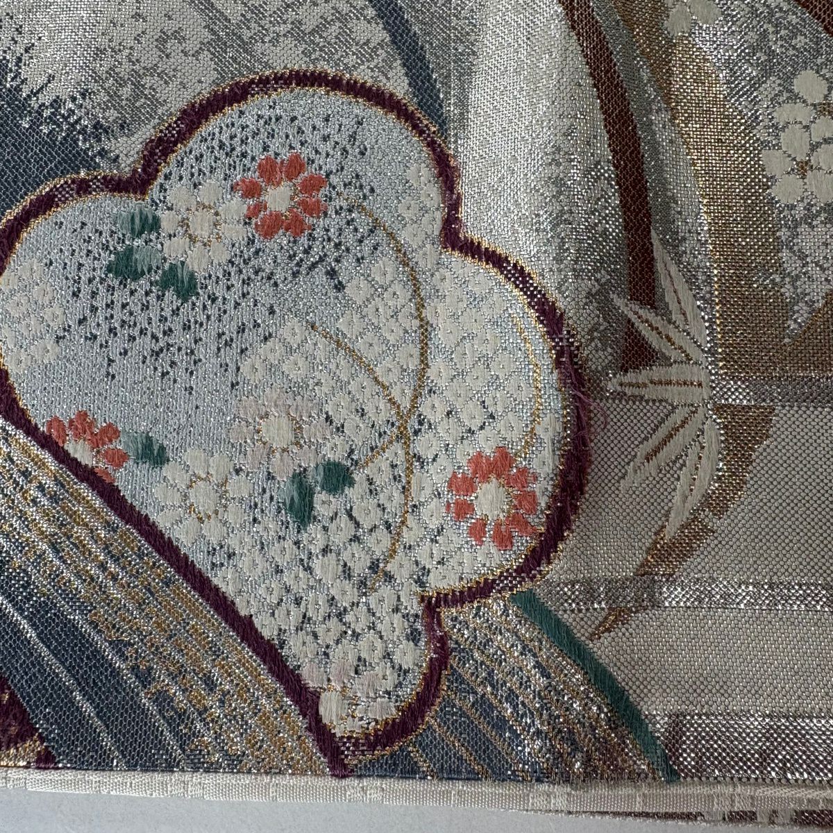 袋帶 秀品級 梅花 草花紋 金銀絲 金金箔 銀 六通 純蠶絲