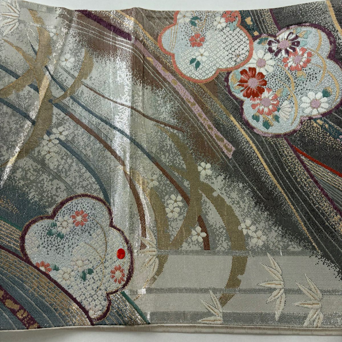 袋帶 秀品級 梅花 草花紋 金銀絲 金金箔 銀 六通 純蠶絲
