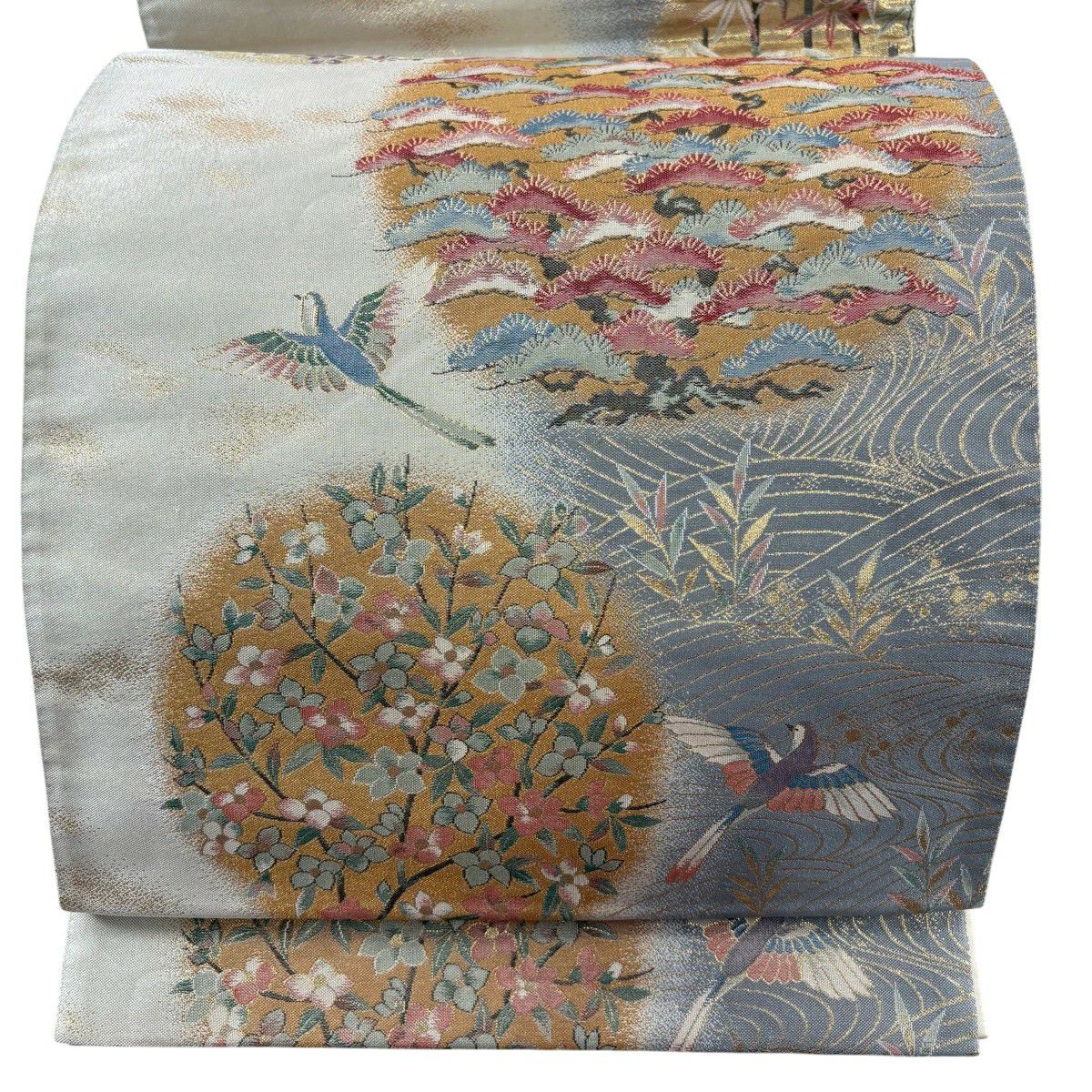 袋帶 秀品級 松樹竹子梅花 鳥 金糸 金金箔 灰 深藍 六通 純蠶絲