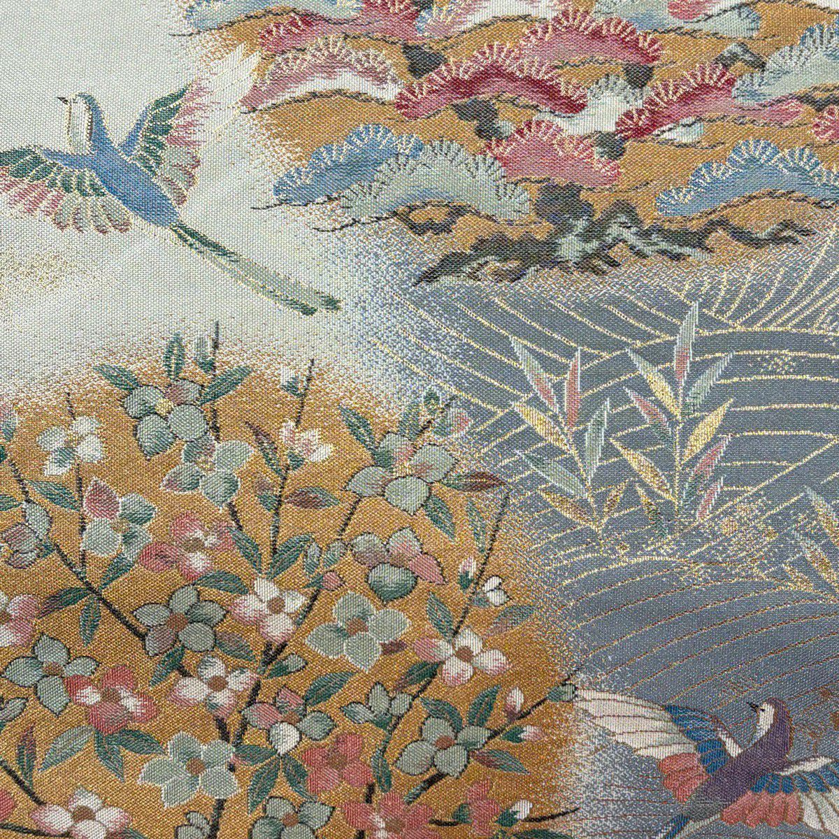 袋帶 秀品級 松樹竹子梅花 鳥 金糸 金金箔 灰 深藍 六通 純蠶絲