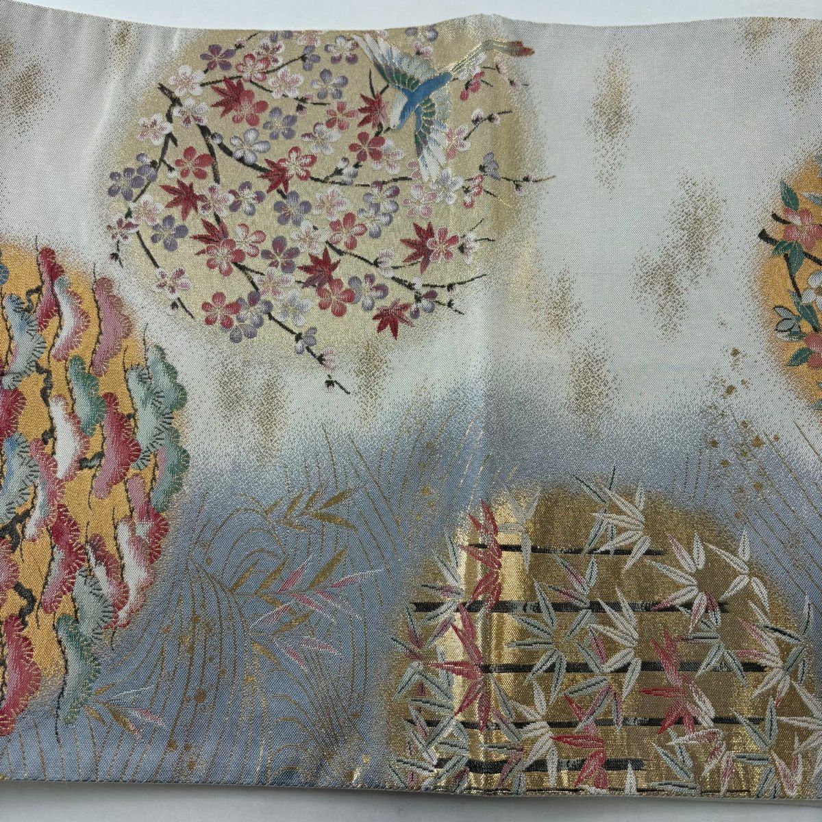 袋帶 秀品級 松樹竹子梅花 鳥 金糸 金金箔 灰 深藍 六通 純蠶絲