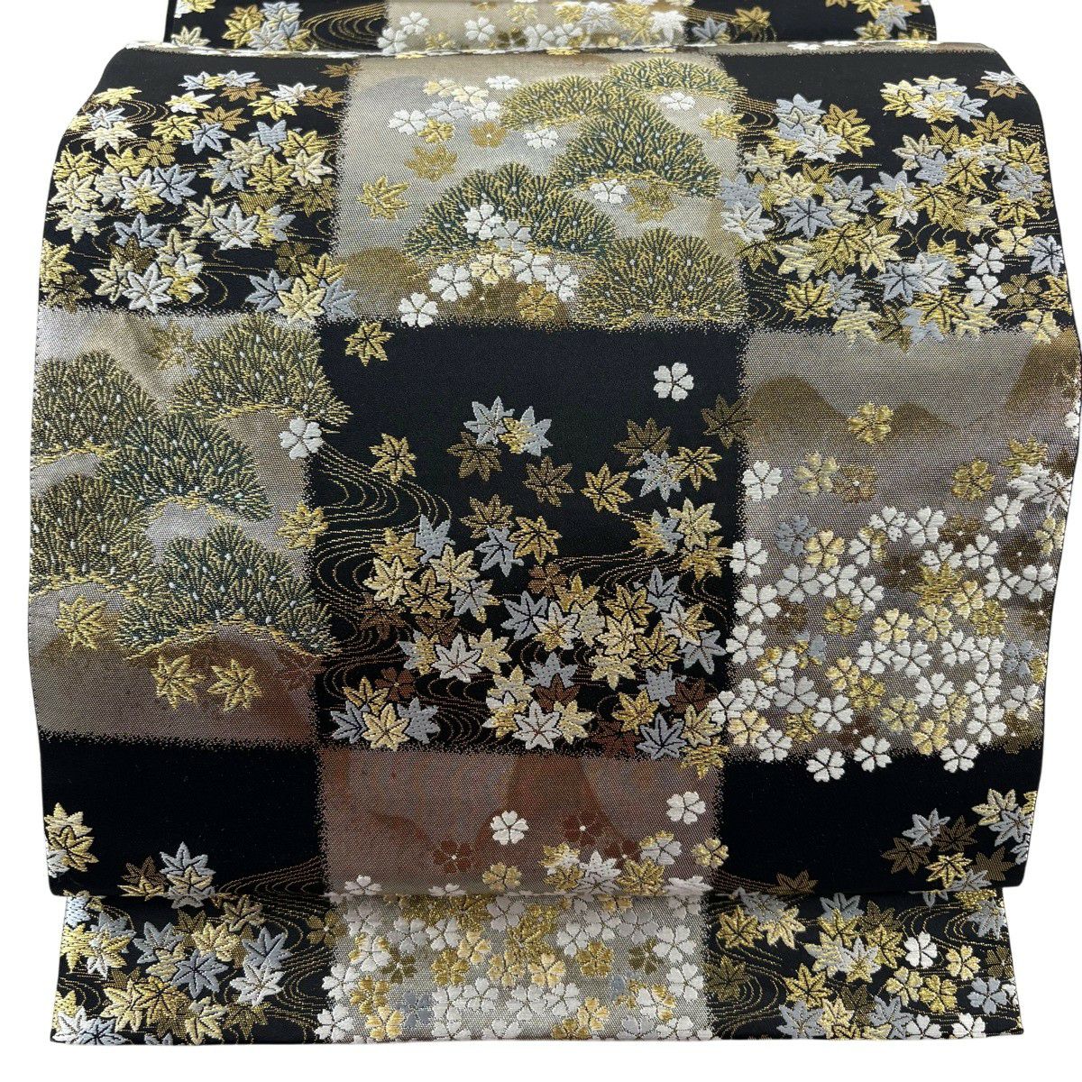 【美品】 袋帶 秀品級 市松樹 笠松樹 金糸 金金箔 黑 六通 純蠶絲