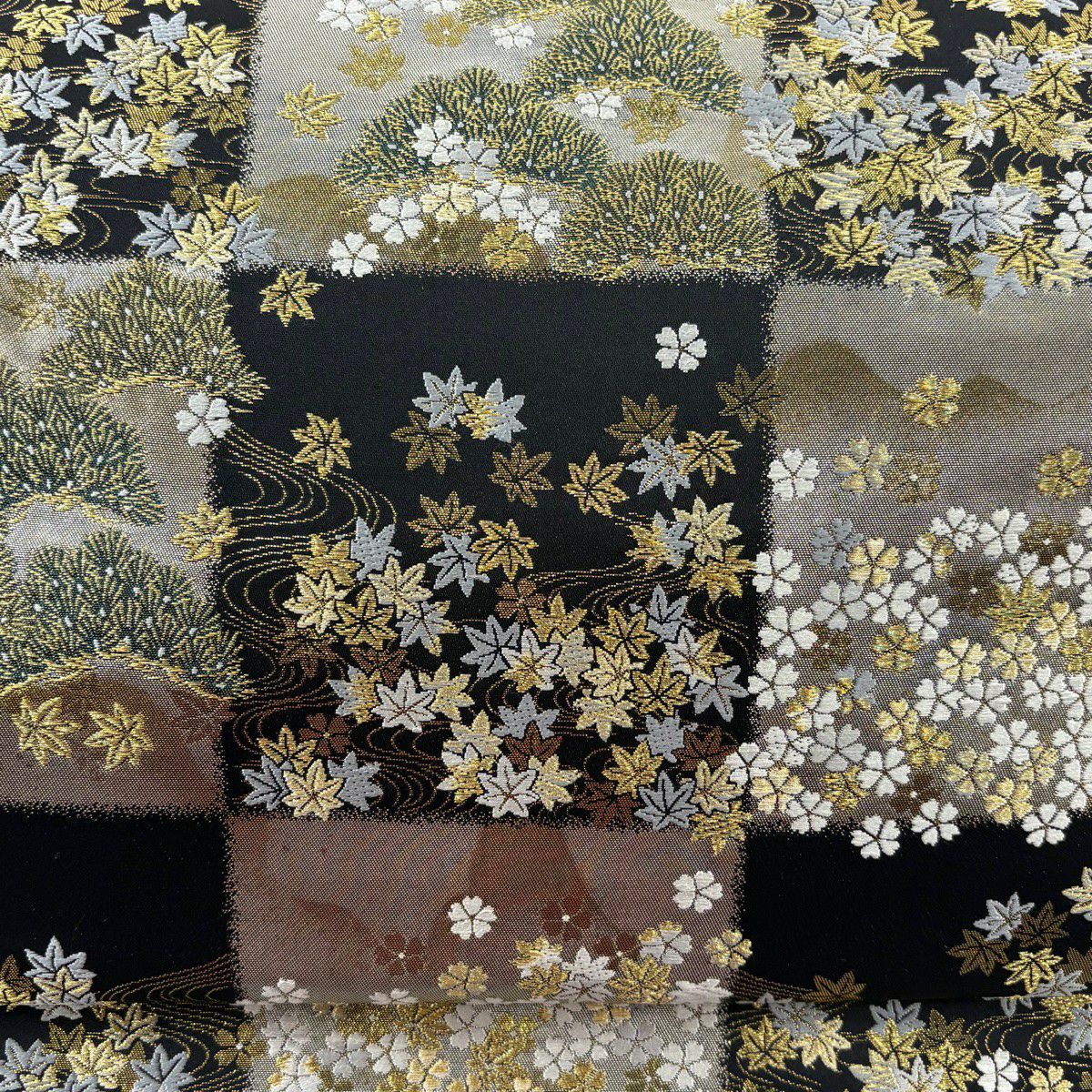 【美品】 袋帶 秀品級 市松樹 笠松樹 金糸 金金箔 黑 六通 純蠶絲