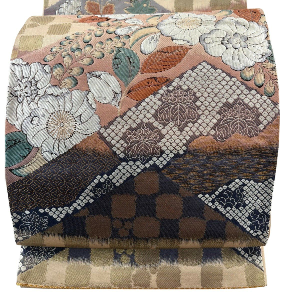 【美品】 袋帶 秀品級 關西仕立 辻花染圖案 市松樹 金金箔 金絲 粉色 六通 純蠶絲