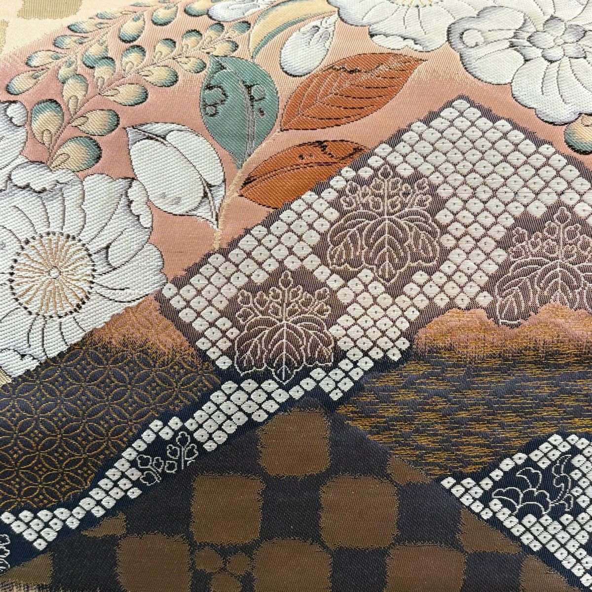 【美品】 袋帶 秀品級 關西仕立 辻花染圖案 市松樹 金金箔 金絲 粉色 六通 純蠶絲