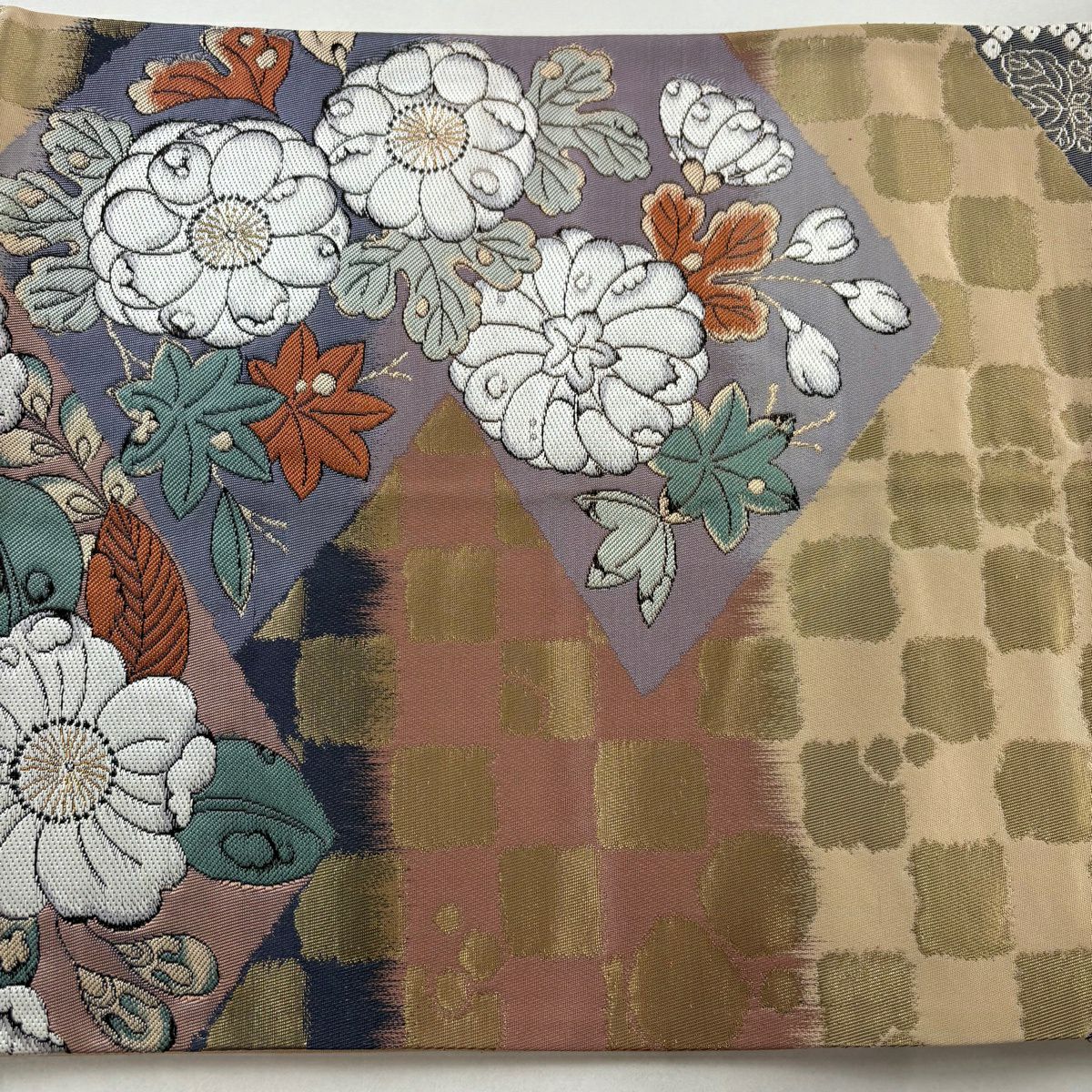 【美品】 袋帶 秀品級 關西仕立 辻花染圖案 市松樹 金金箔 金絲 粉色 六通 純蠶絲