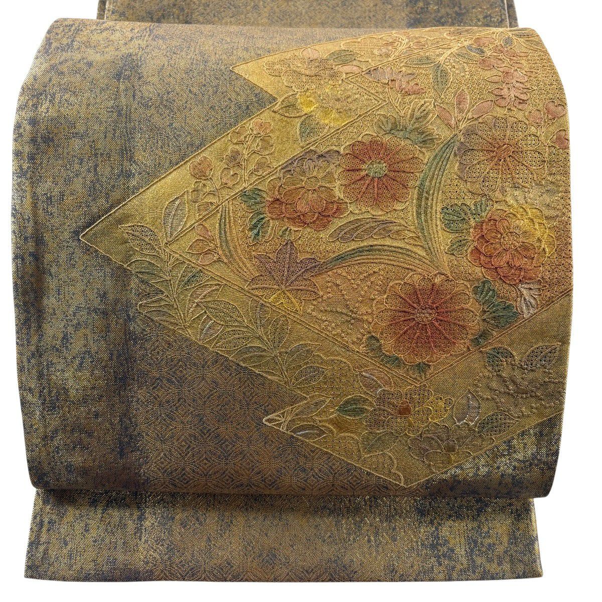 【美品】 袋帶 秀品級 草花紋紋 菊花花 刺繡 金銀彩 金色 大鼓圖案 純蠶絲