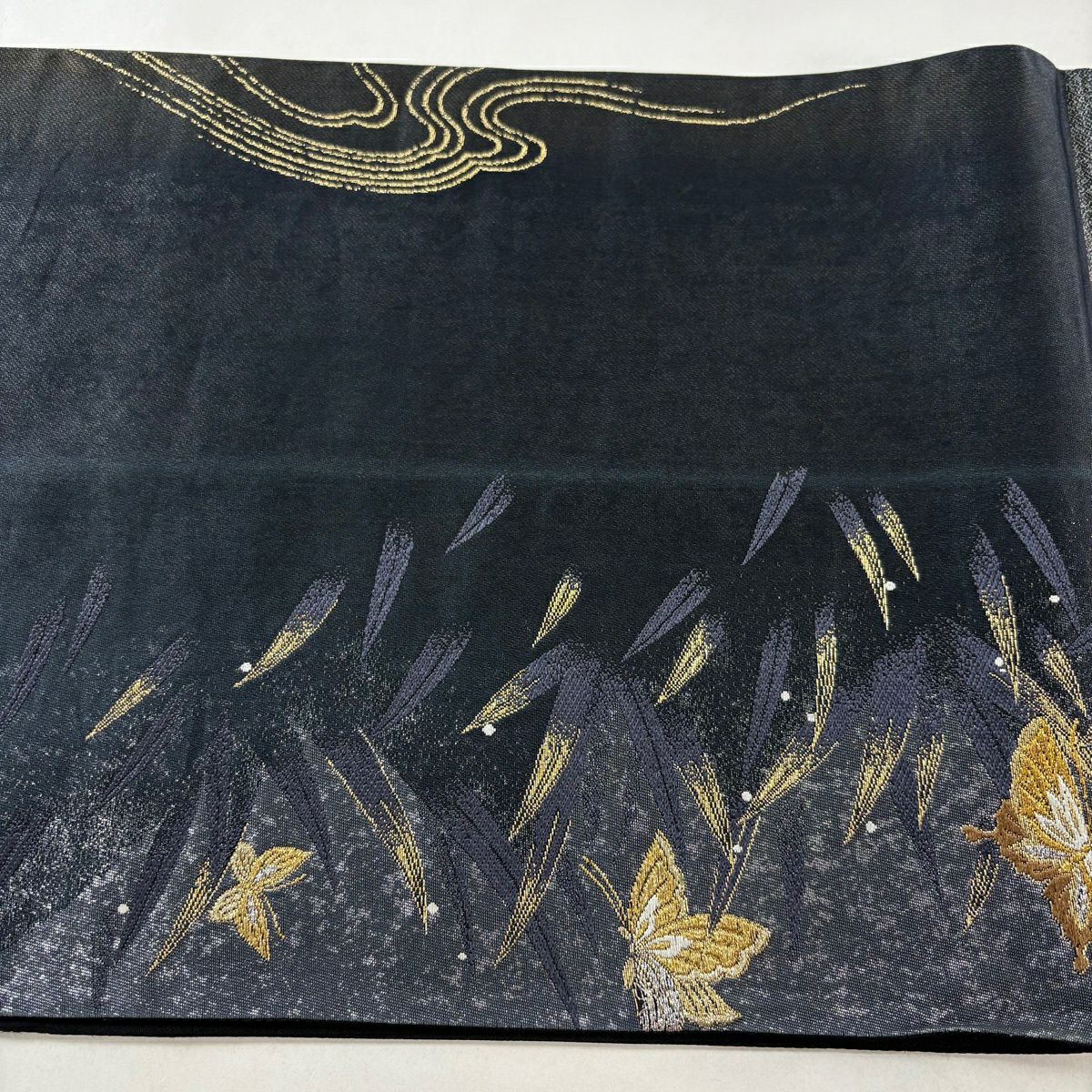 袋帶 秀品級 蝶 露草 金絲 金金箔 墨 深藍 六通 純蠶絲