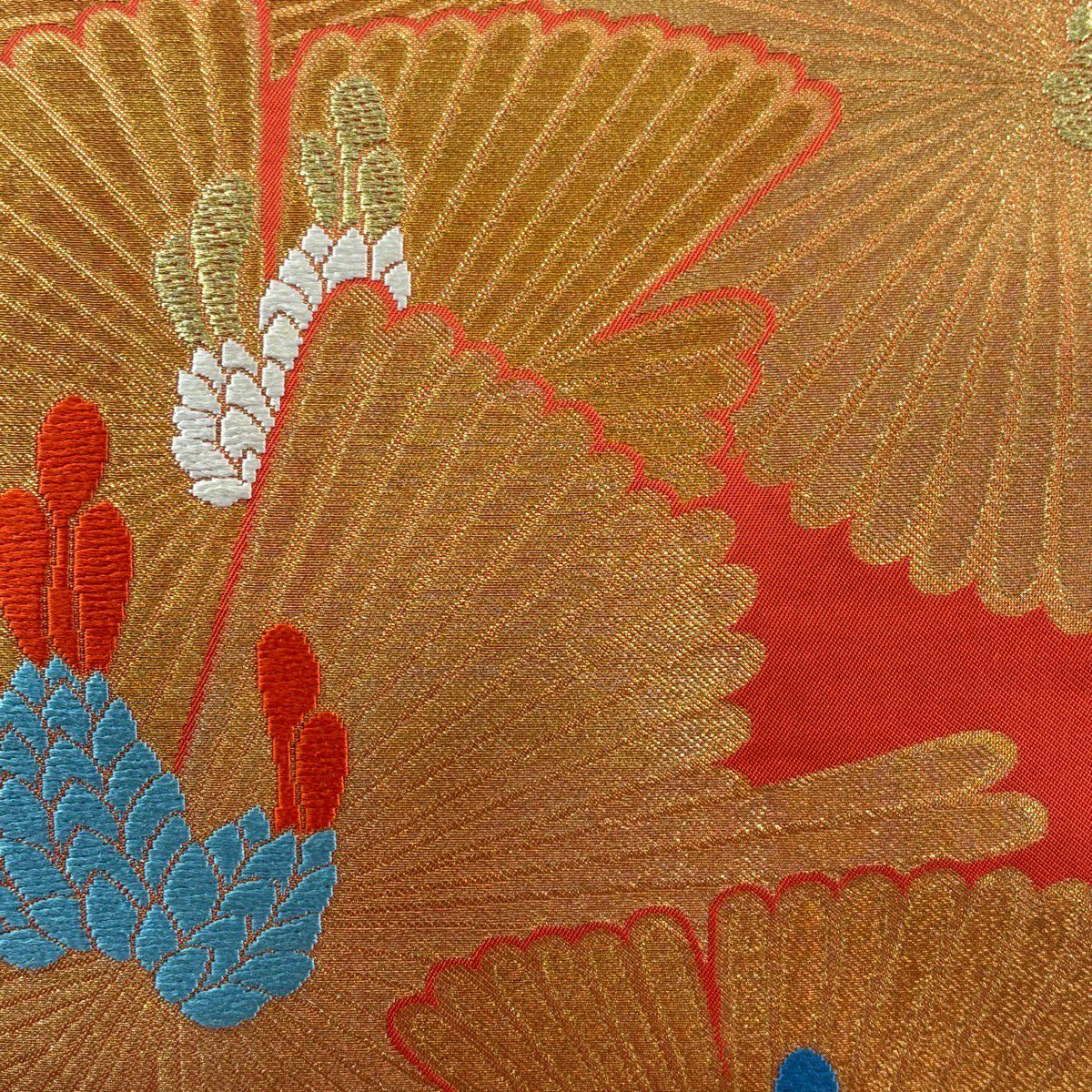 【美品】 袋帶 秀品級 川島織物 落款あり 若松樹 金糸 金金箔 朱 深藍 全通 純蠶絲