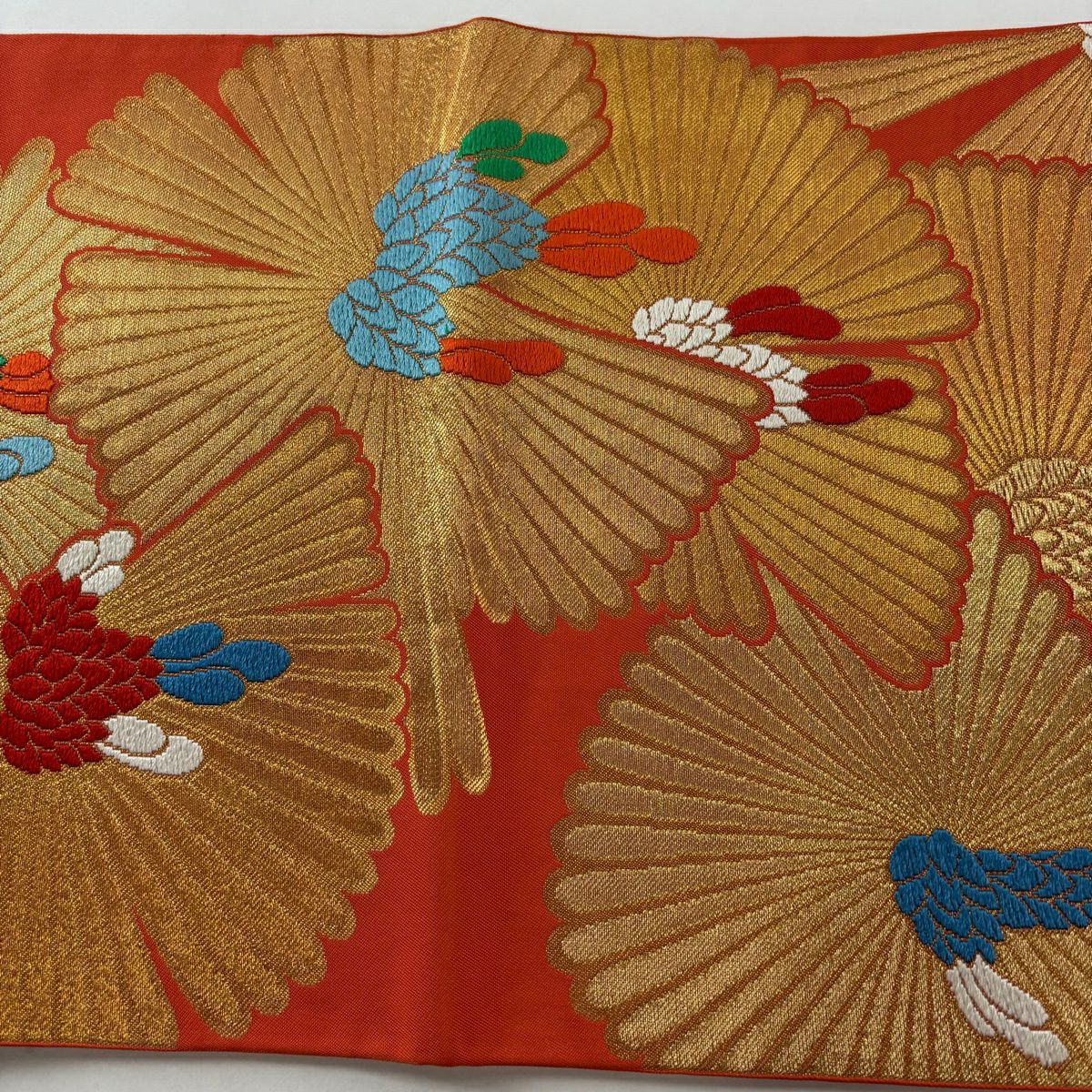 【美品】 袋帶 秀品級 川島織物 落款あり 若松樹 金糸 金金箔 朱 深藍 全通 純蠶絲