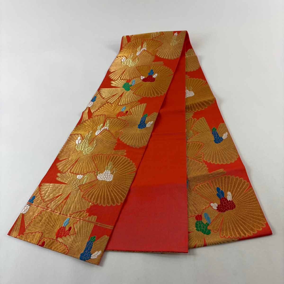【美品】 袋帶 秀品級 川島織物 落款あり 若松樹 金糸 金金箔 朱 深藍 全通 純蠶絲