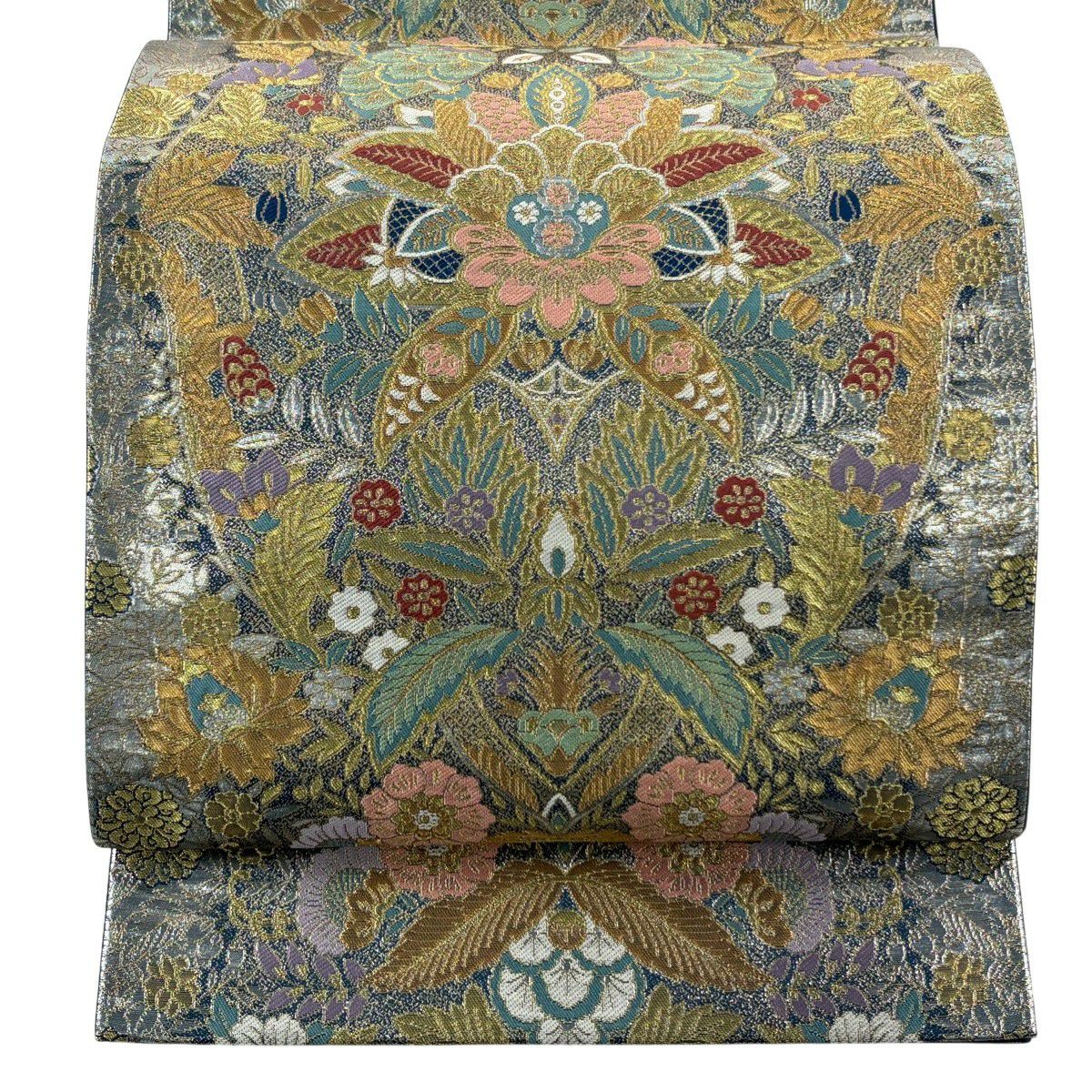 【美品】 袋帶 秀品級 草花紋紋 金金箔 深綠 六通 純蠶絲
