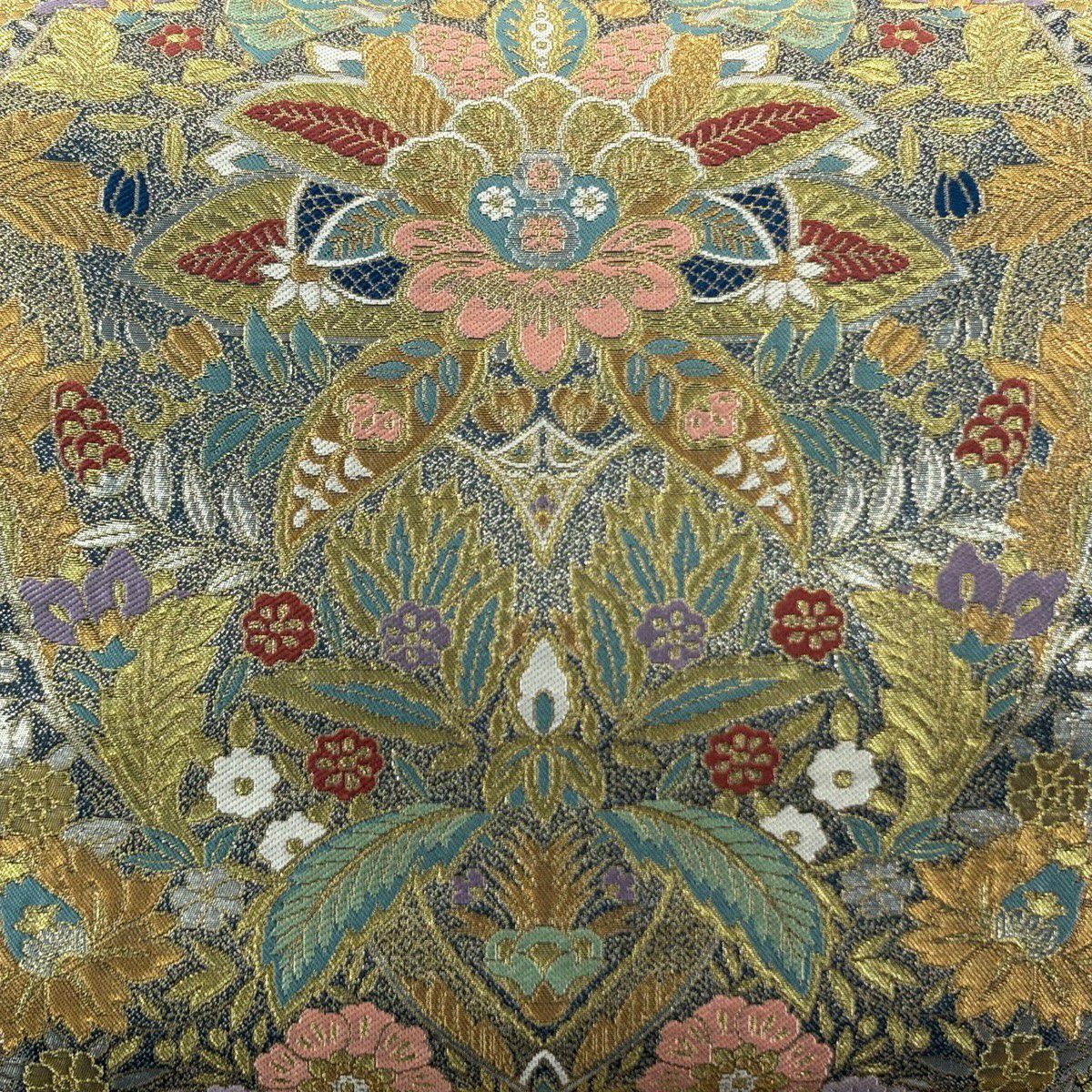 【美品】 袋帶 秀品級 草花紋紋 金金箔 深綠 六通 純蠶絲