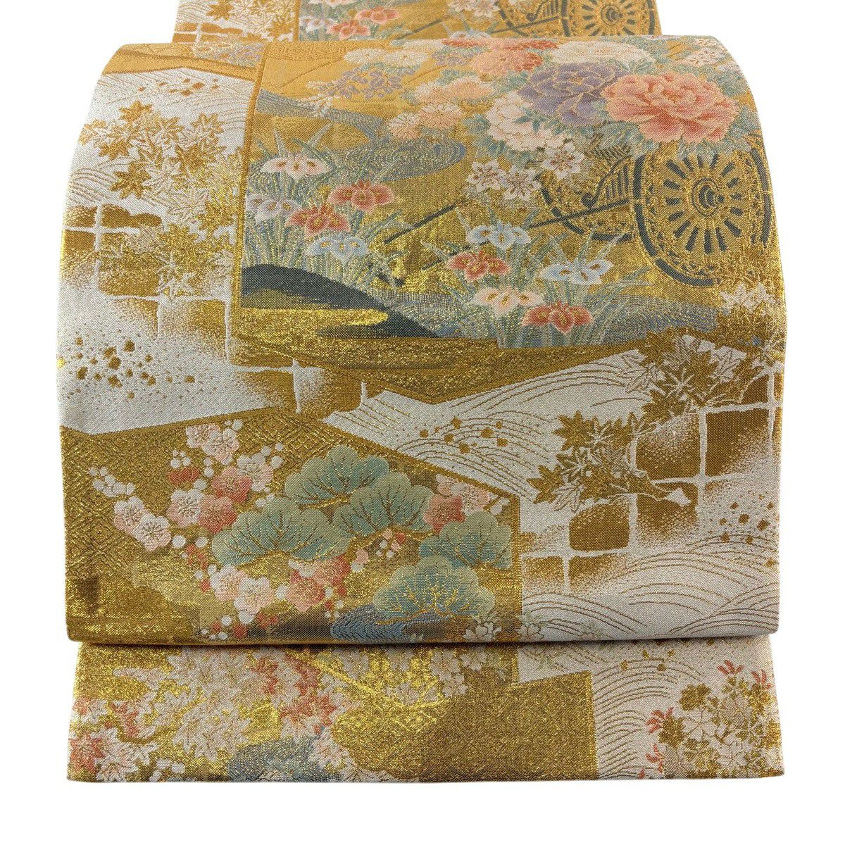 【美品】 袋帶 秀品級 花車 鴛鴦 金絲 金金箔 米色 六通 純蠶絲