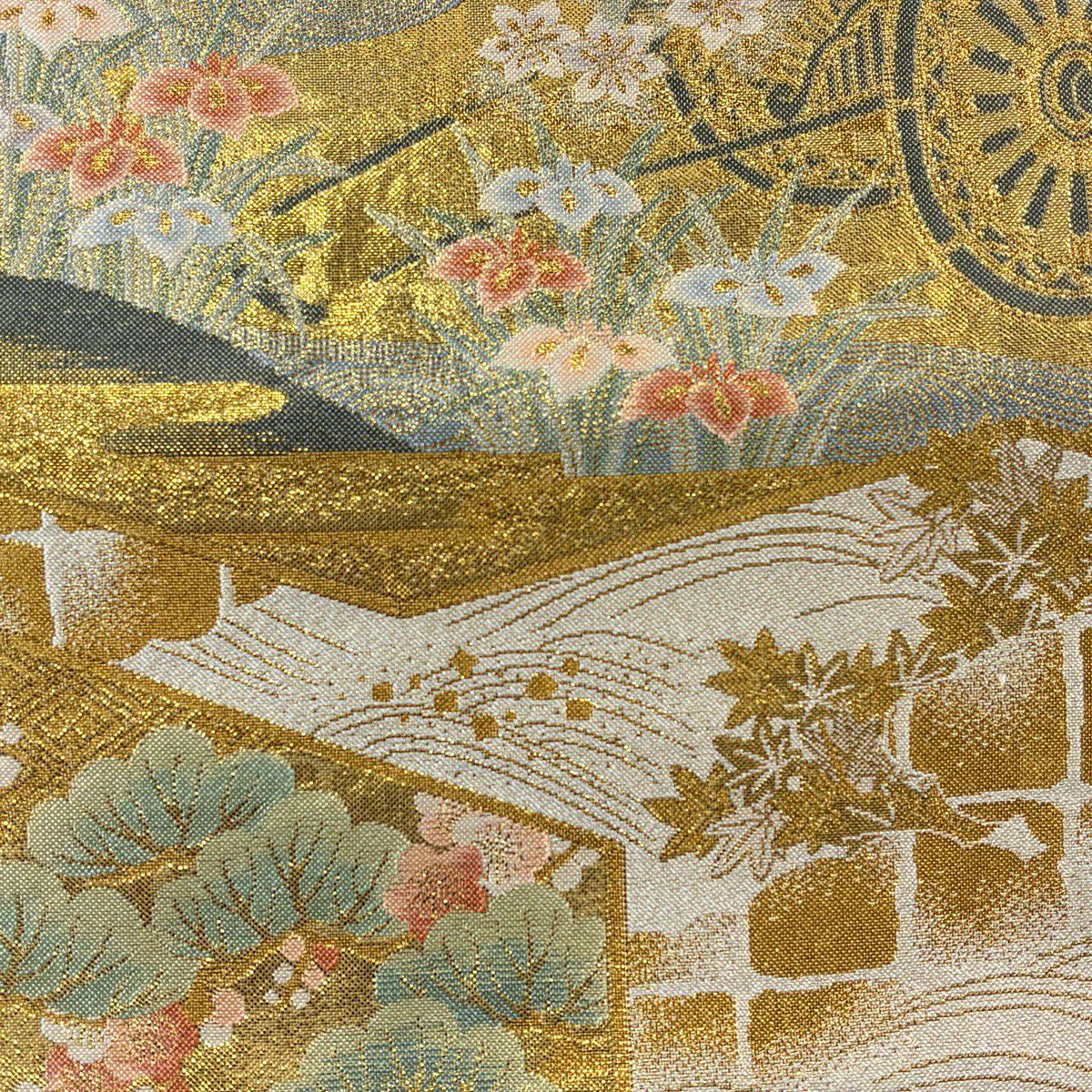 【美品】 袋帶 秀品級 花車 鴛鴦 金絲 金金箔 米色 六通 純蠶絲