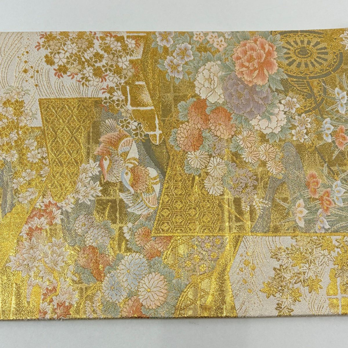 【美品】 袋帶 秀品級 花車 鴛鴦 金絲 金金箔 米色 六通 純蠶絲
