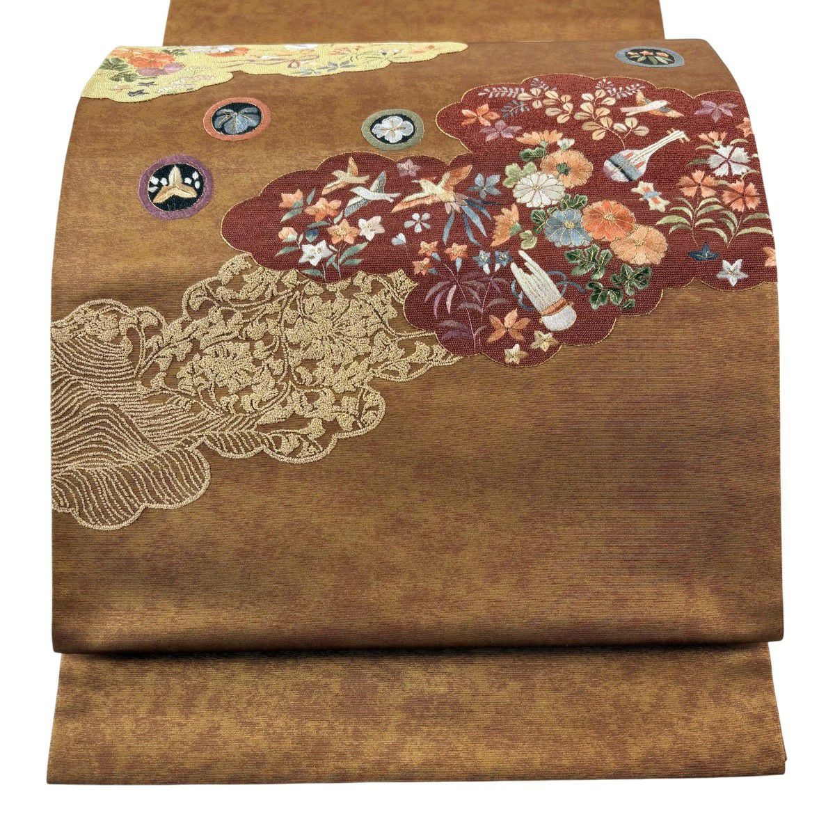 【美品】 袋帶 秀品級 花鳥 雲文 金絲 刺繡 茶 お太鼓圖案 純蠶絲