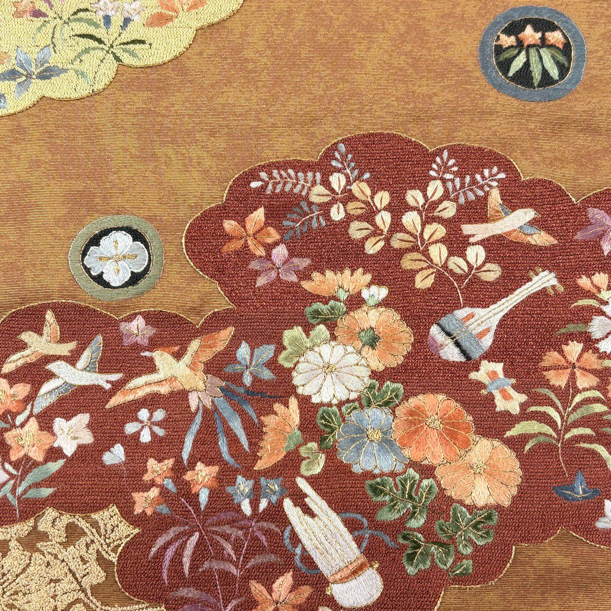 【美品】 袋帶 秀品級 花鳥 雲文 金絲 刺繡 茶 お太鼓圖案 純蠶絲