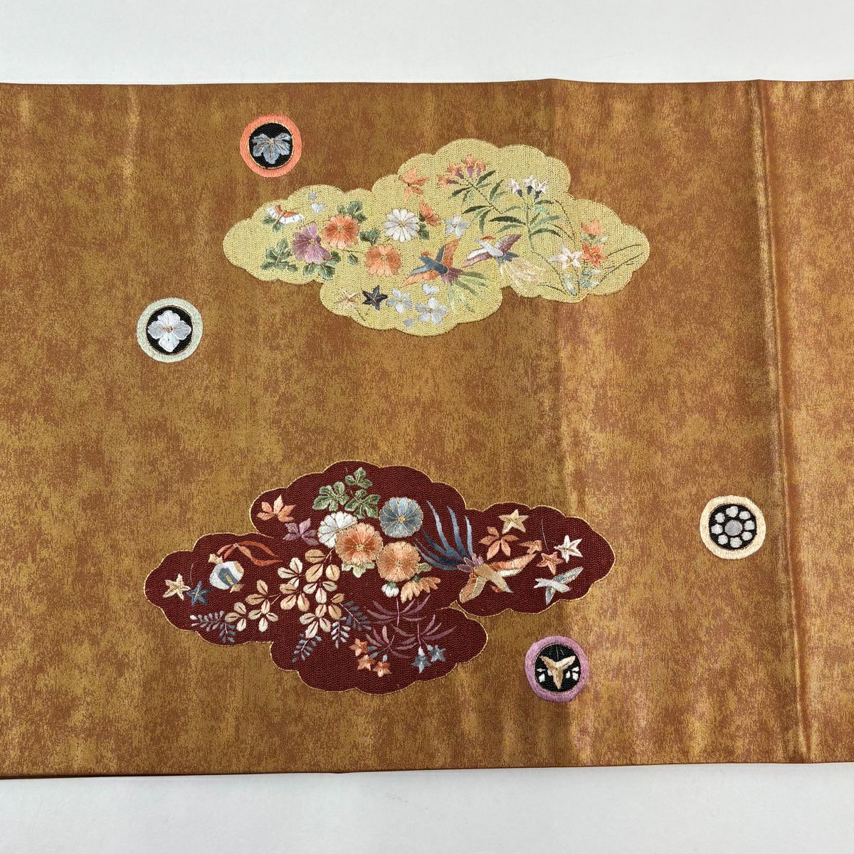 【美品】 袋帶 秀品級 花鳥 雲文 金絲 刺繡 茶 お太鼓圖案 純蠶絲